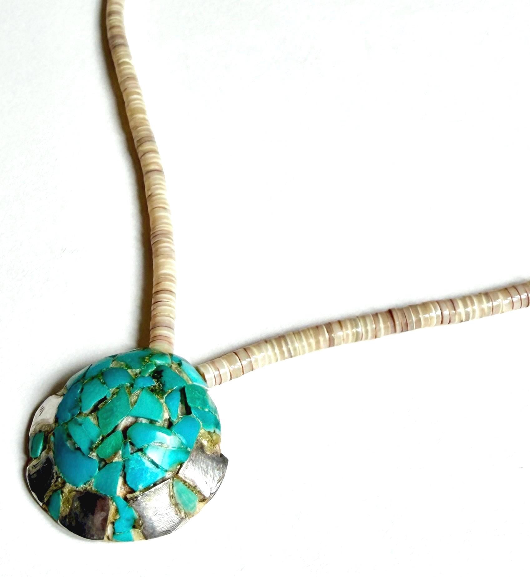 Old Vintage Native American Turquoise Mosaic Inlay Necklace Shell Beaded Chain