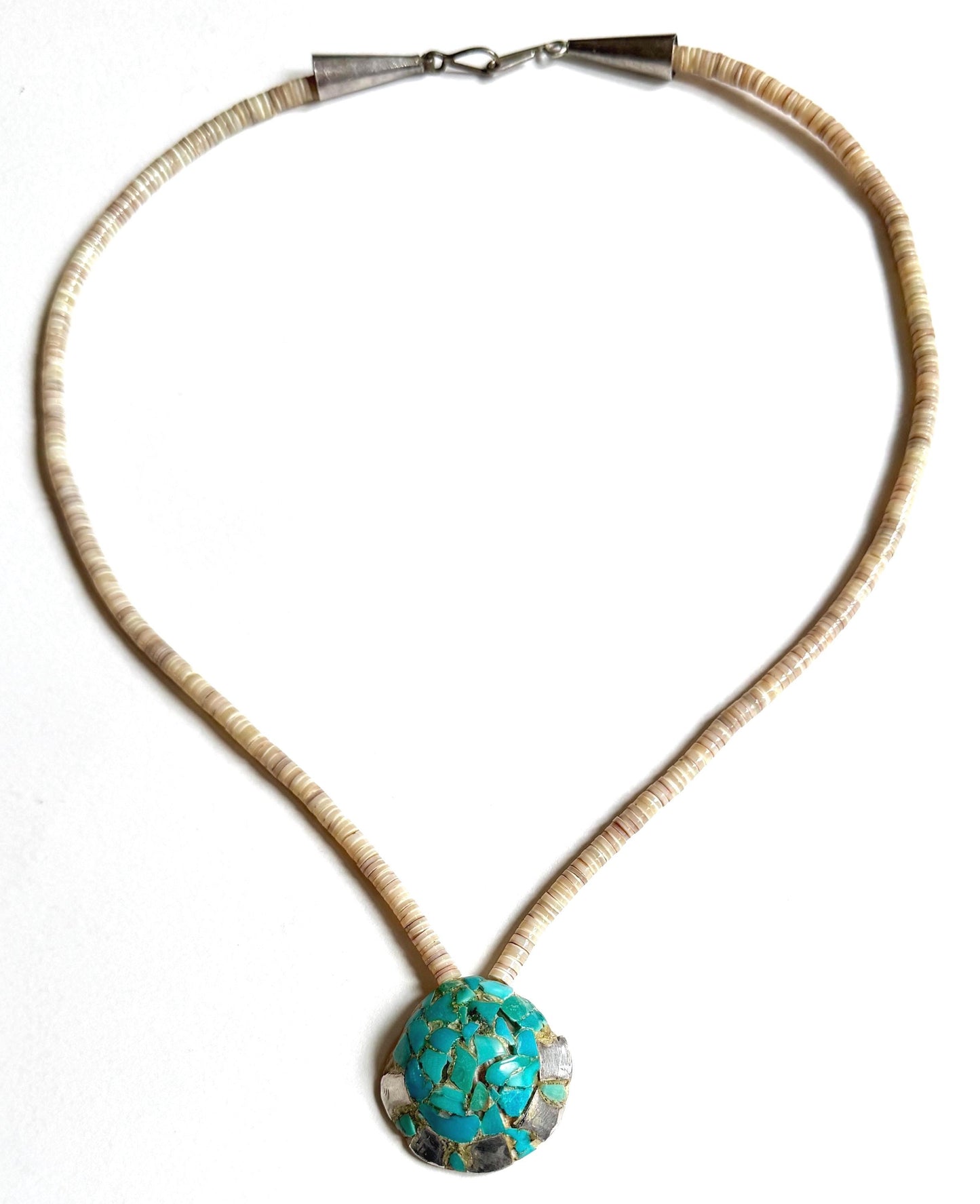 Old Vintage Native American Turquoise Mosaic Inlay Necklace Shell Beaded Chain