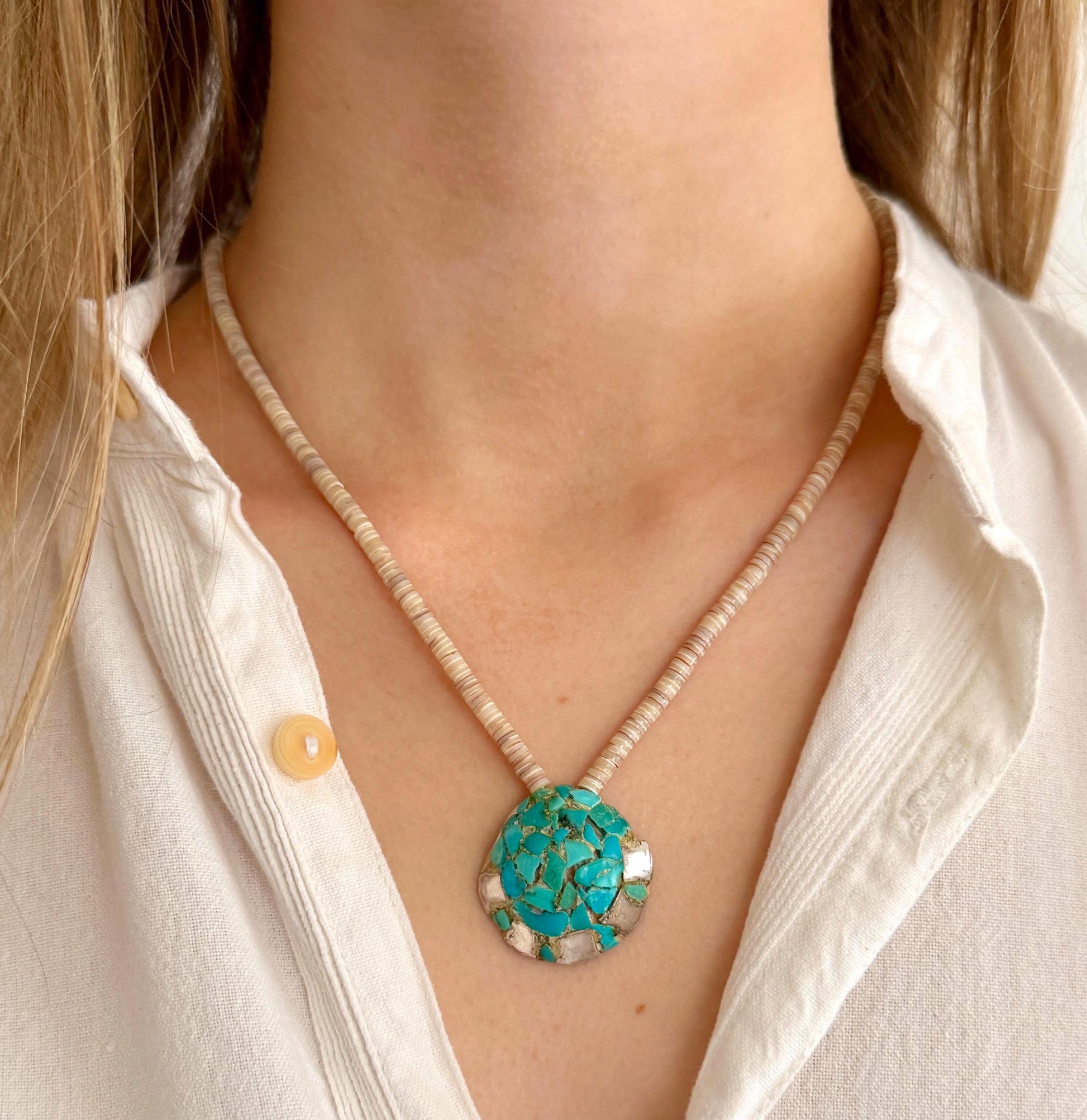 Old Vintage Native American Turquoise Mosaic Inlay Necklace Shell Beaded Chain