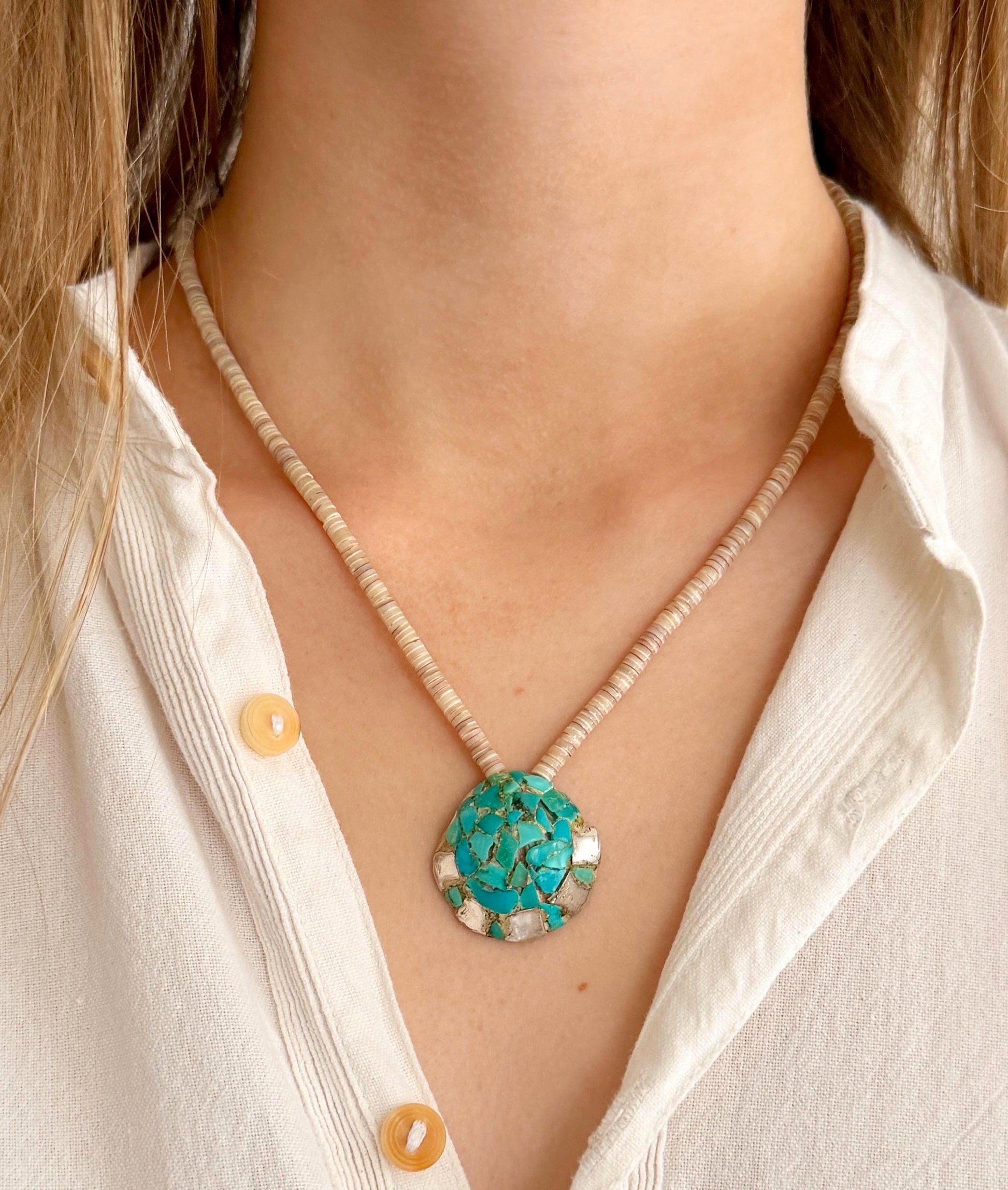 Old Vintage Native American Turquoise Mosaic Inlay Necklace Shell Beaded Chain