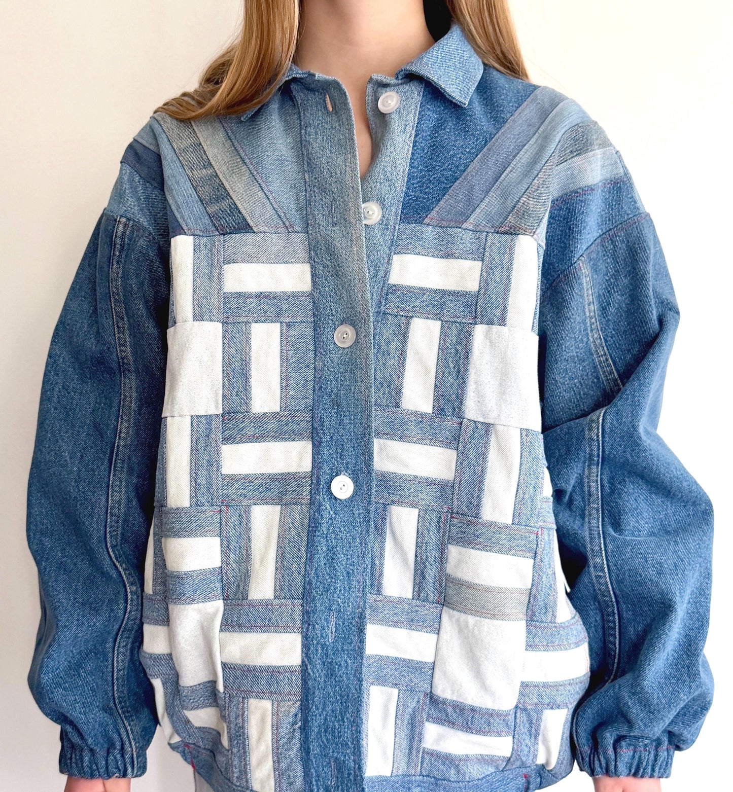 Vintage Handmade Upcycled Patchwork Denim Jacket Wearable Fiber Art