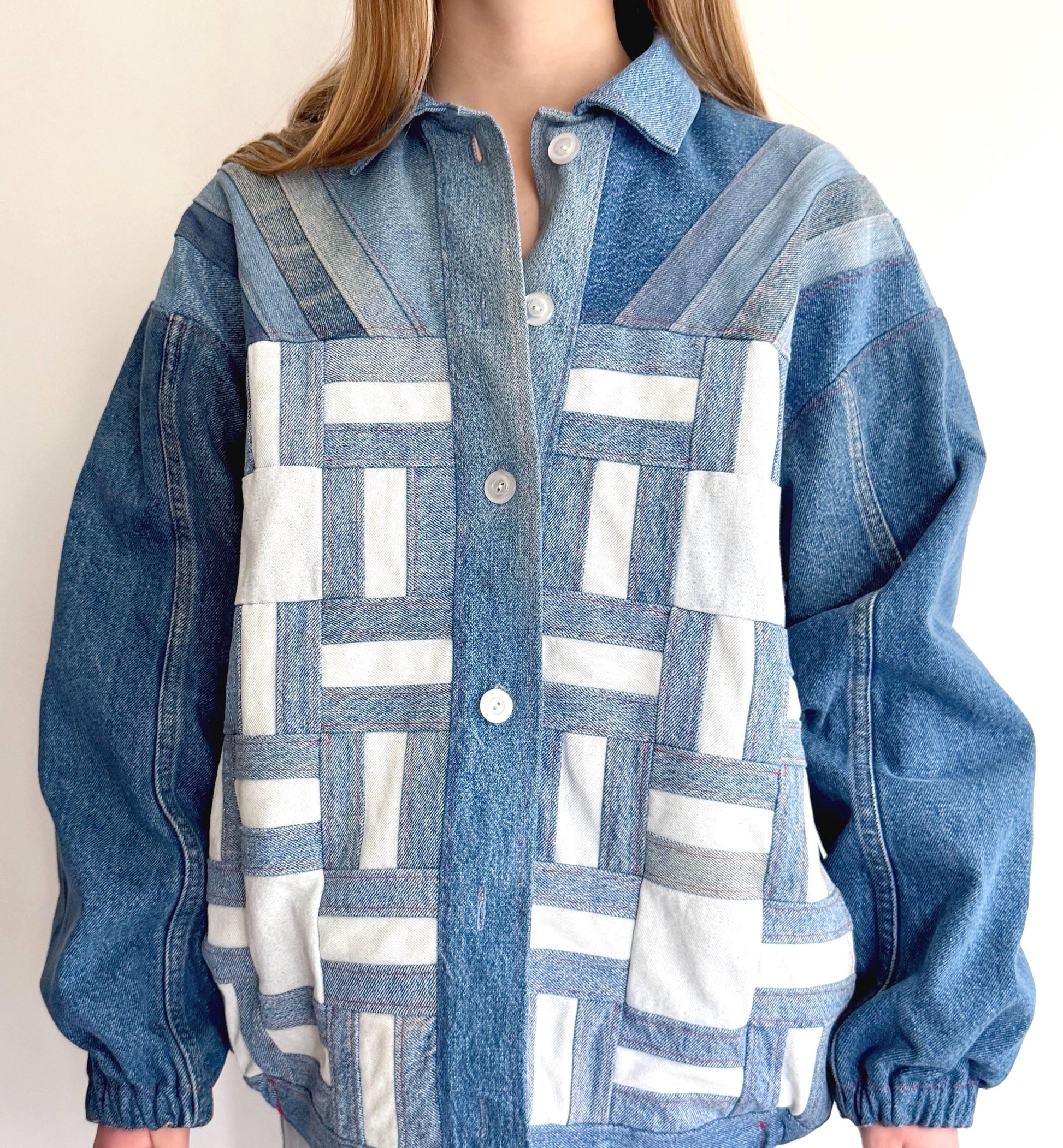 Vintage Handmade Upcycled Patchwork Denim Jacket Wearable Fiber Art