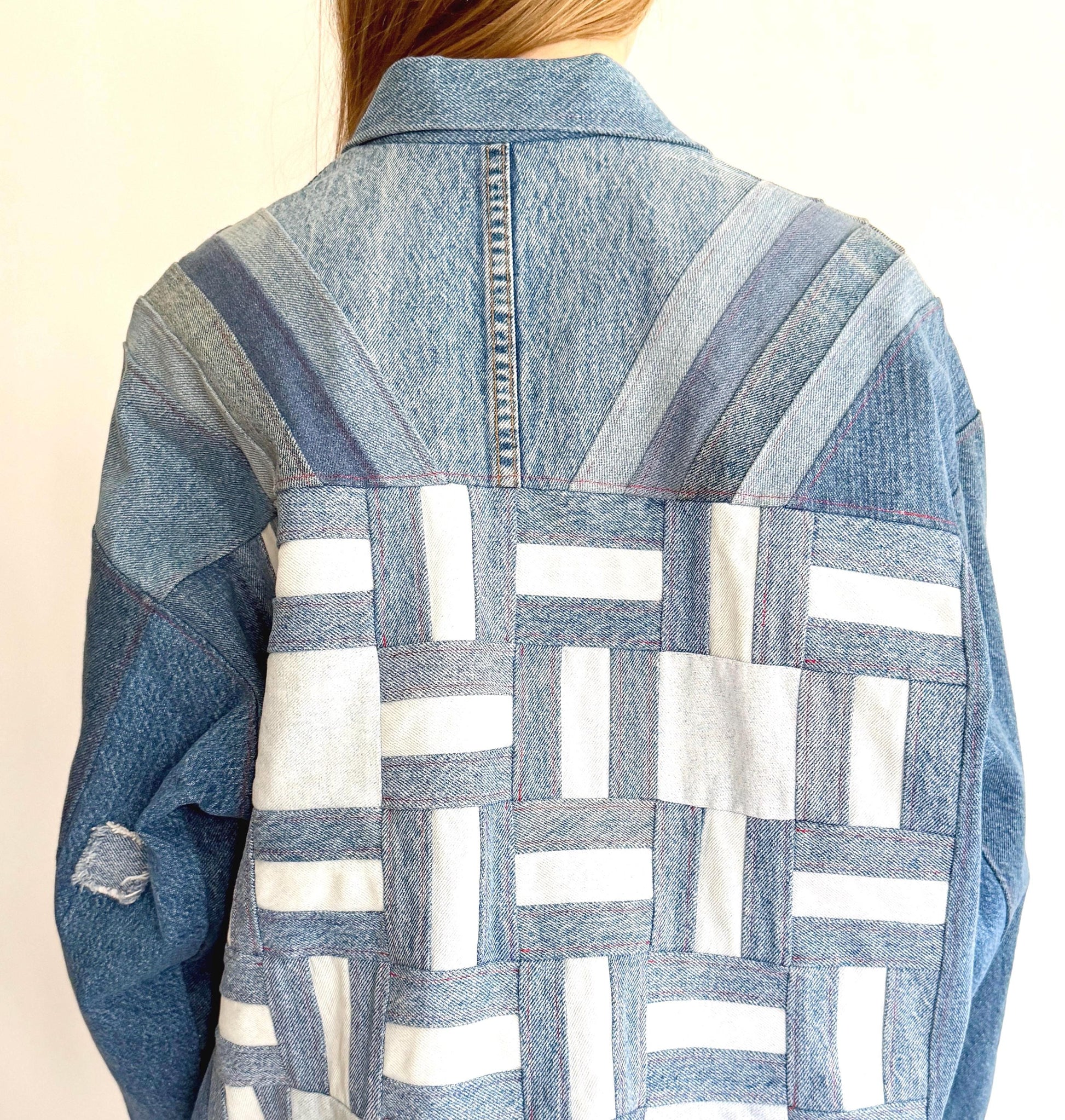 Vintage Handmade Upcycled Patchwork Denim Jacket Wearable Fiber Art