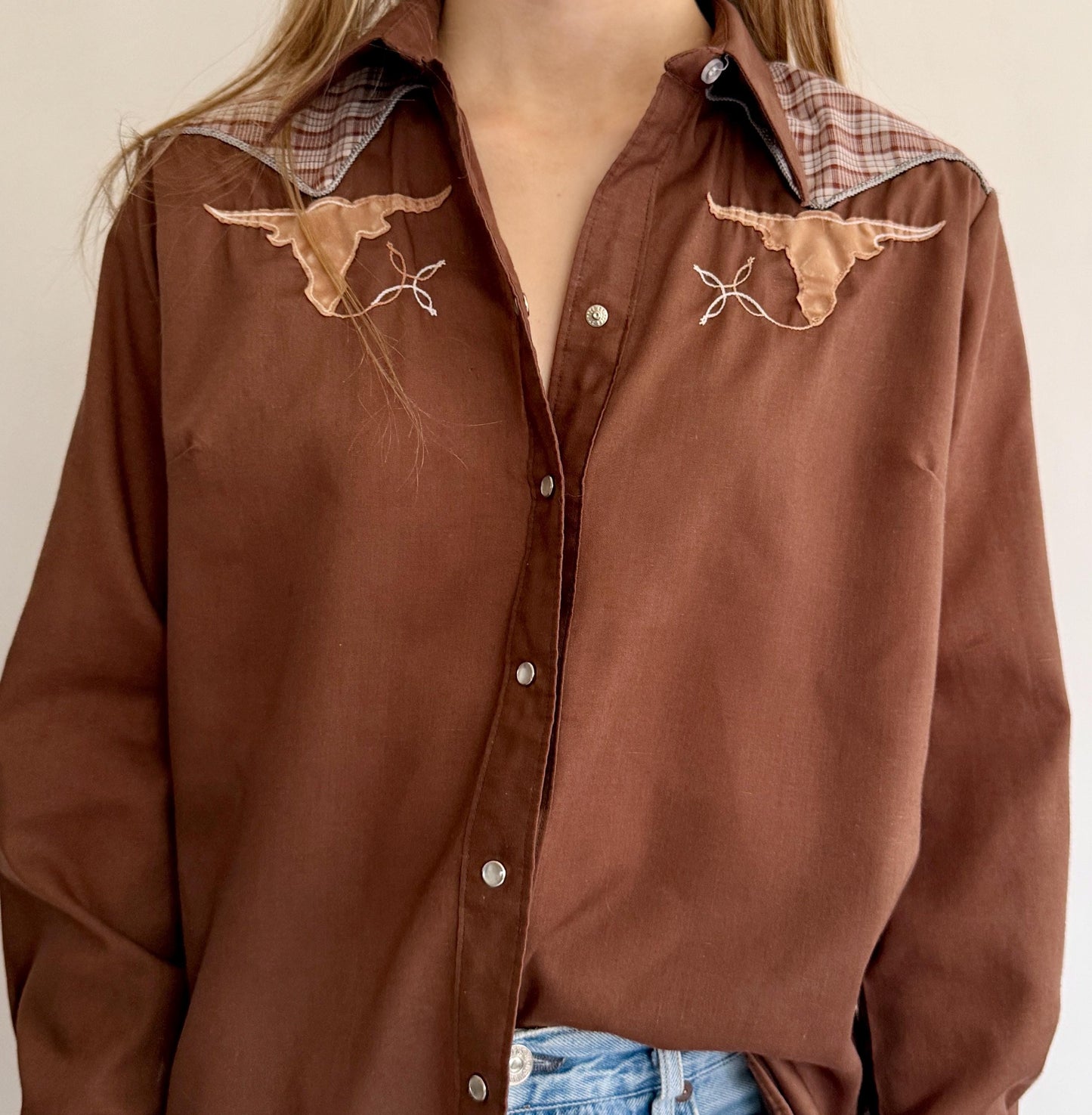 Vintage Rockmount Western Pearl Snap Shirt Short Horn Bull Head Appliqué