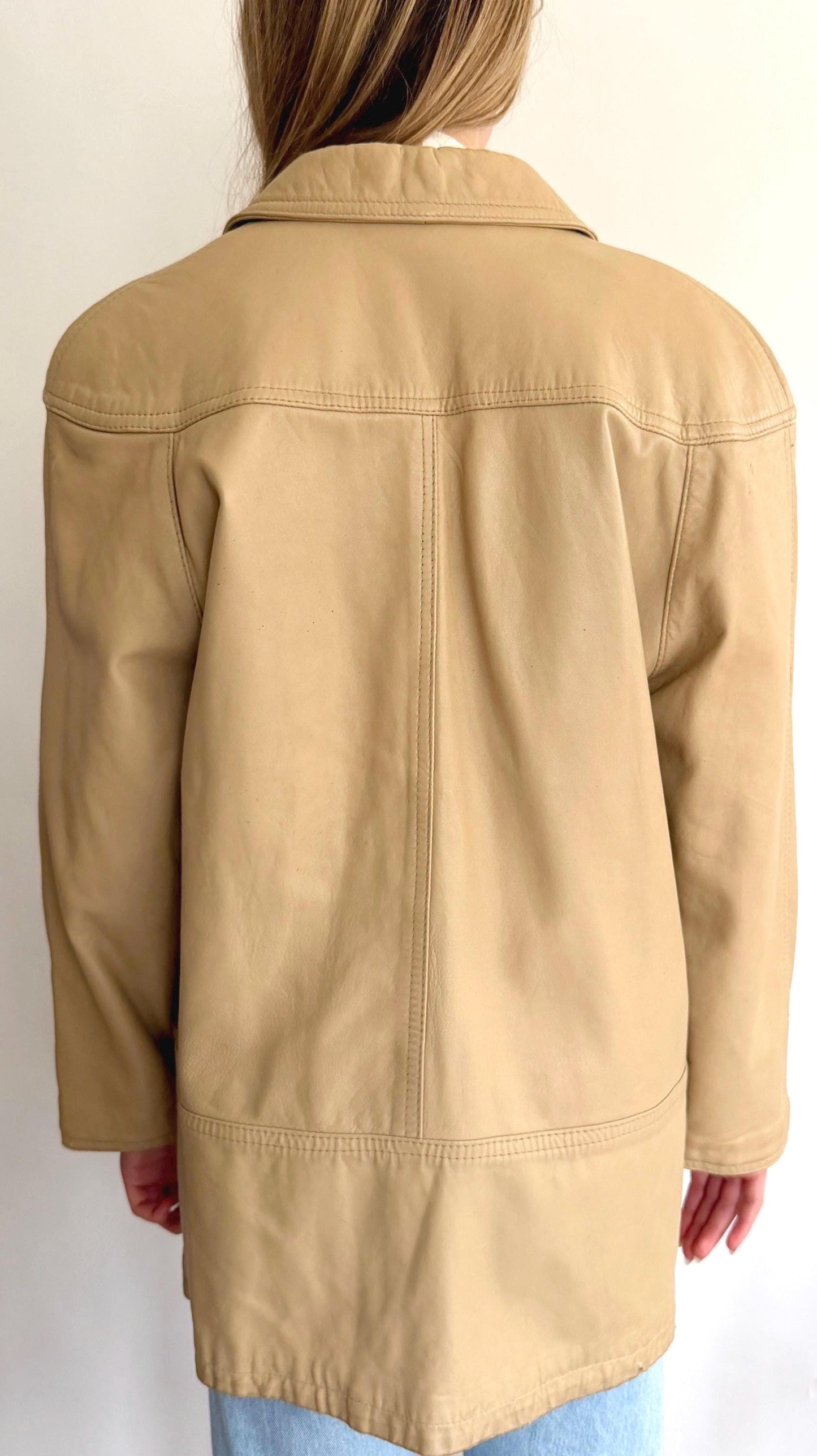 Vintage Beige Leather Jacket 80s 90s Loose Oversized Fit