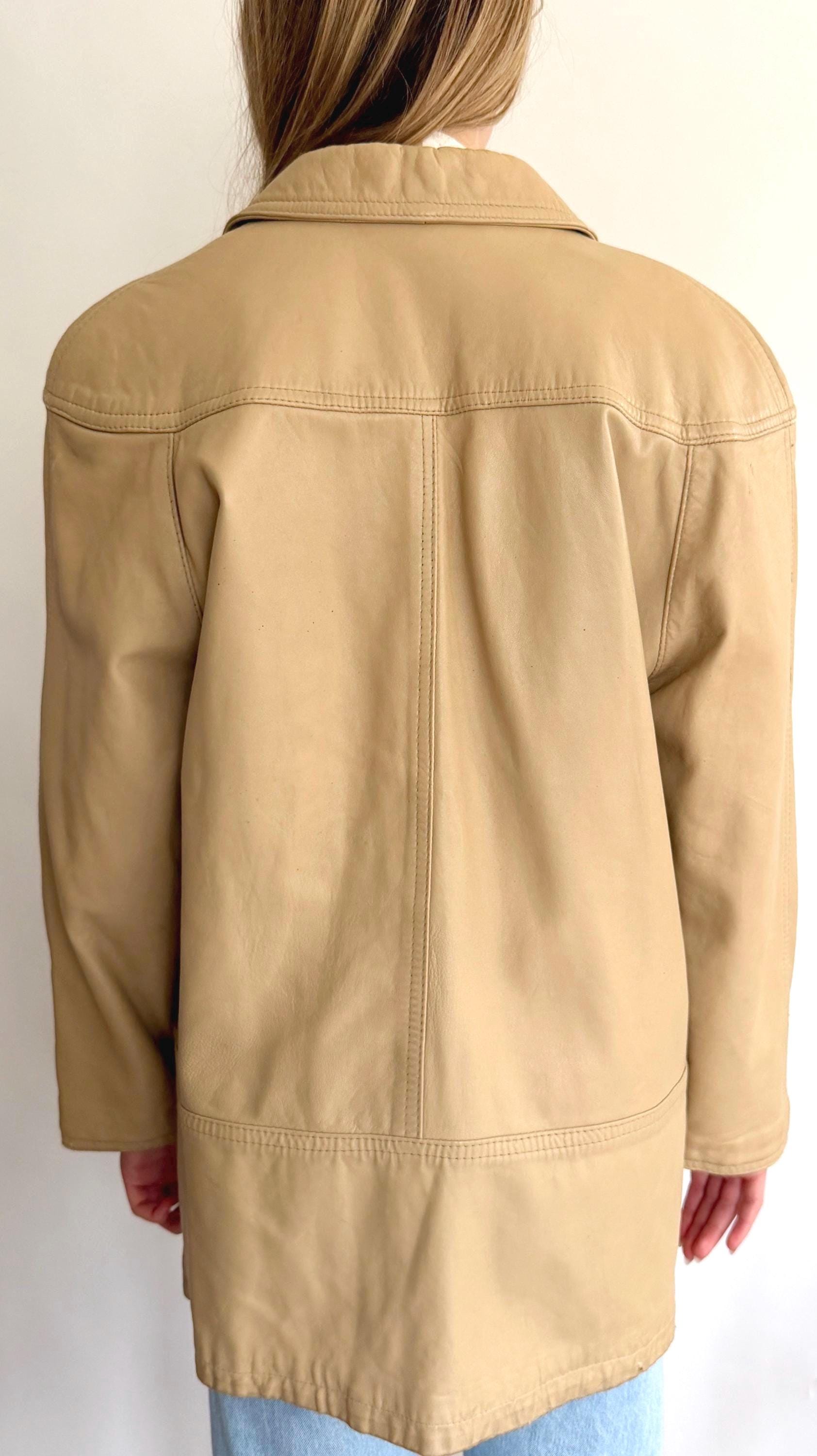 Vintage Beige Leather Jacket 80s 90s Loose Oversized Fit