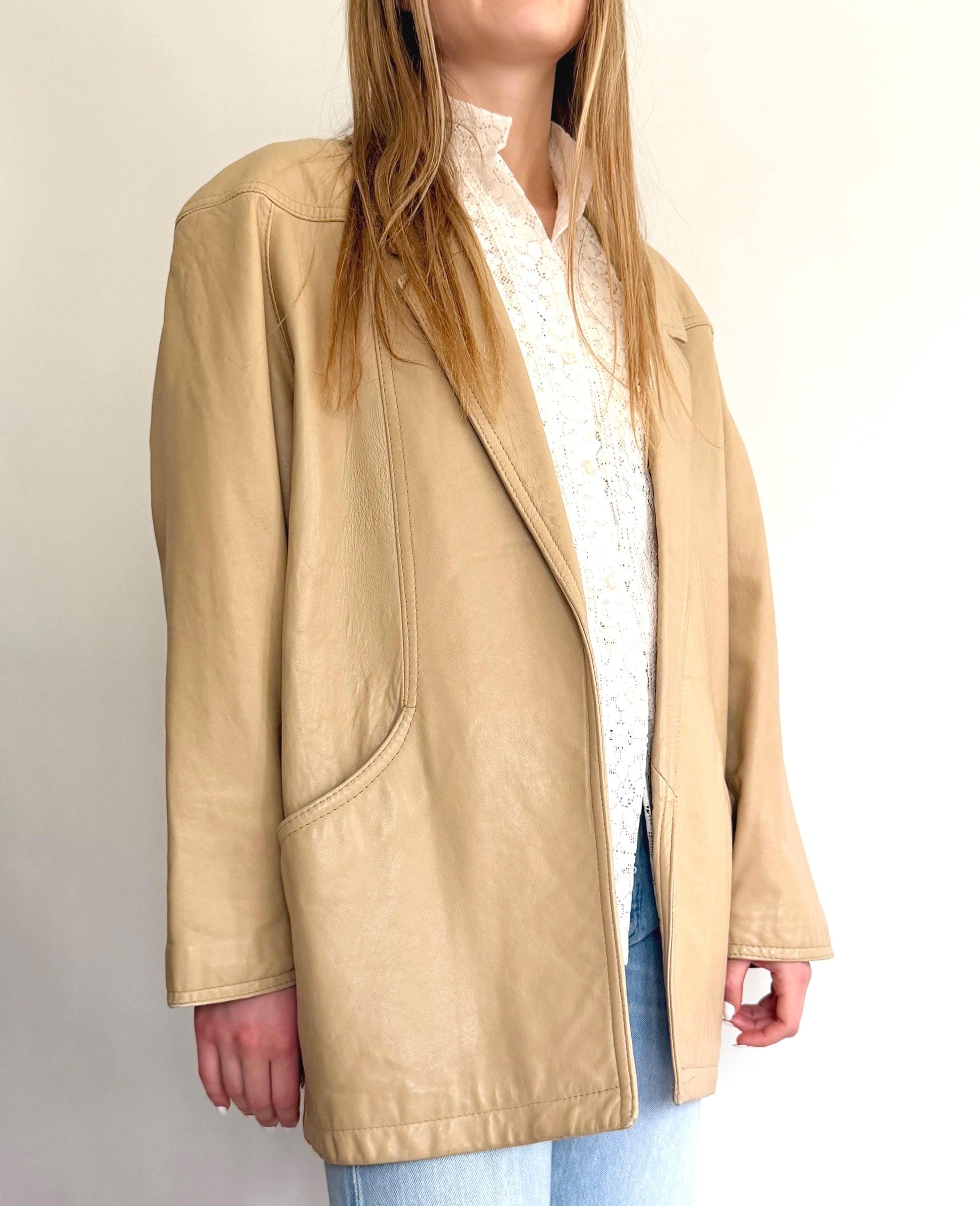 Vintage 80s Soft Beige Leather Jacket Loose Oversized Boyfriend Fit