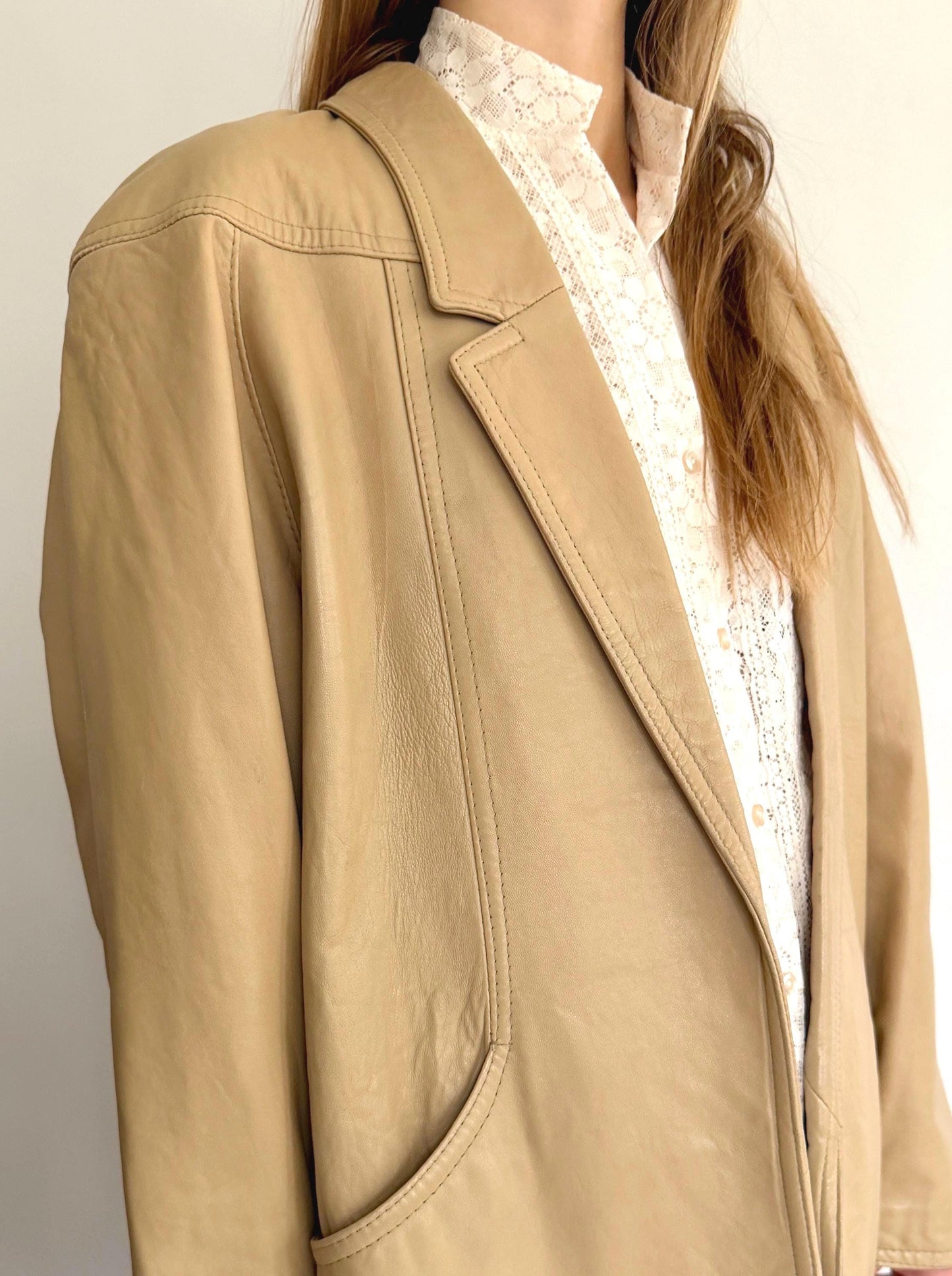 Vintage 80s Soft Beige Leather Jacket Loose Oversized Boyfriend Fit