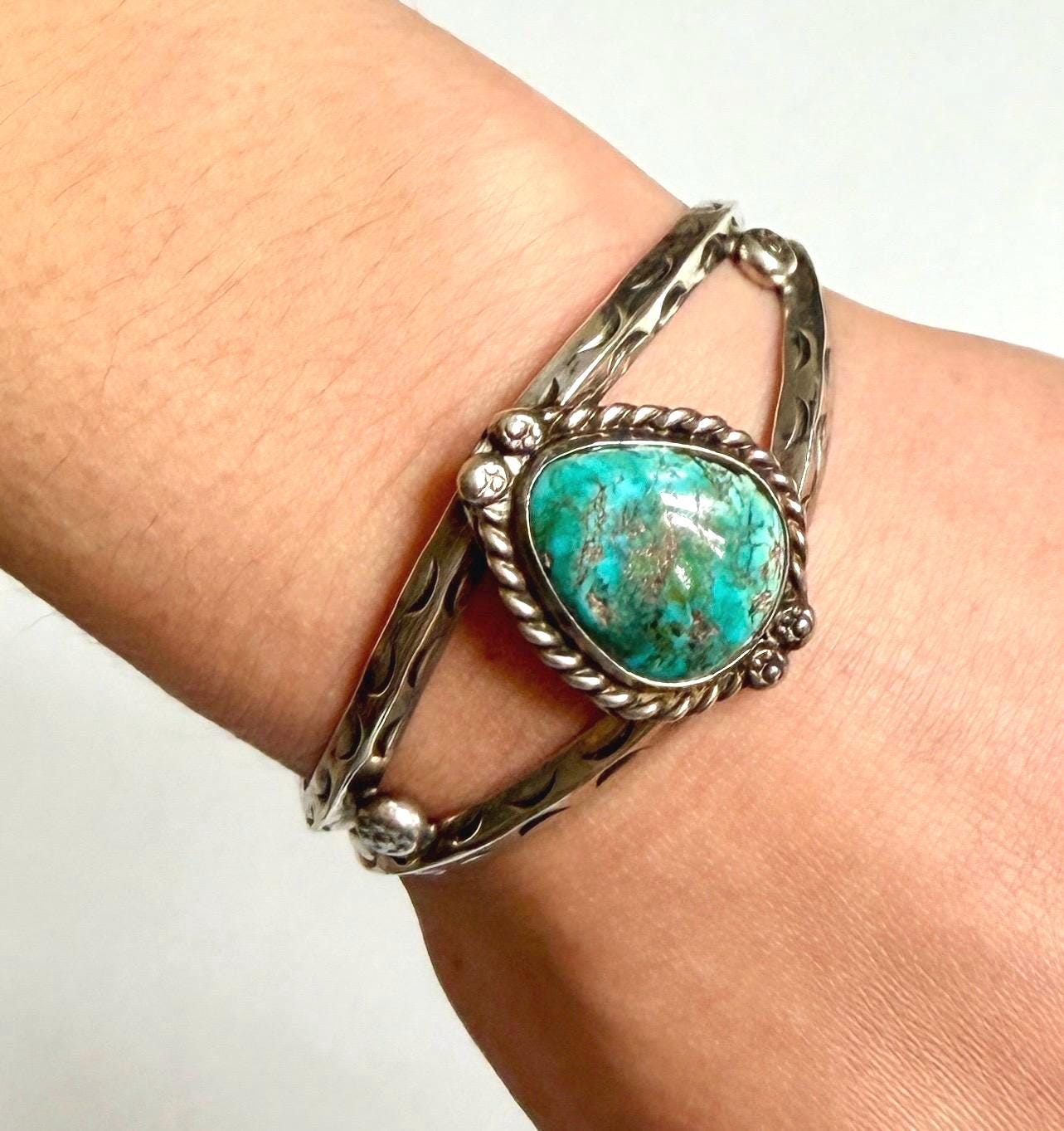 Vintage Navajo Turquoise Cuff Bracelet 60s 70s Signed Native American Sterling Silver