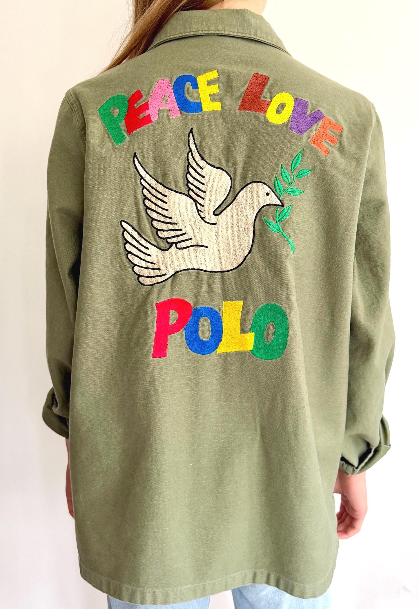 Peace Love Polo Embroidered Over Shirt Army Green