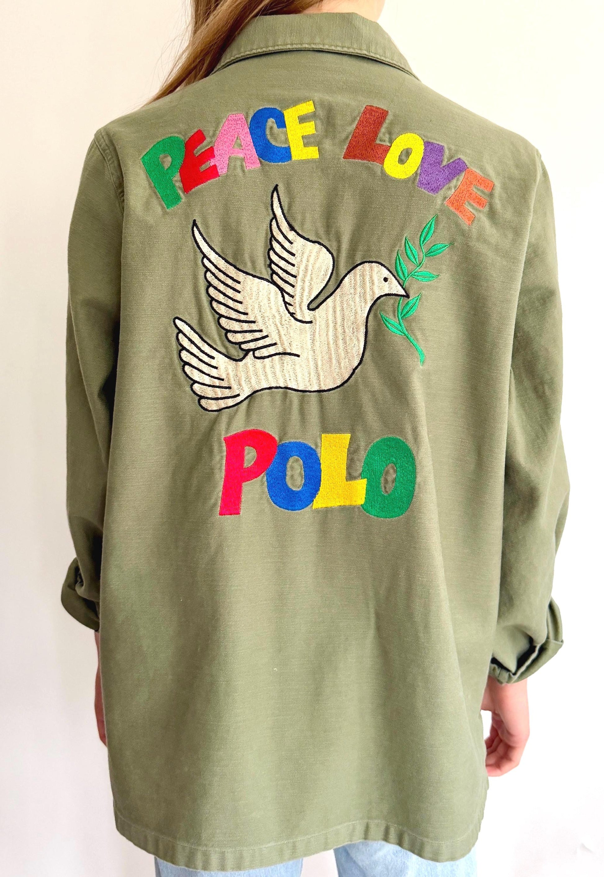 Peace Love Polo Embroidered Over Shirt Army Green