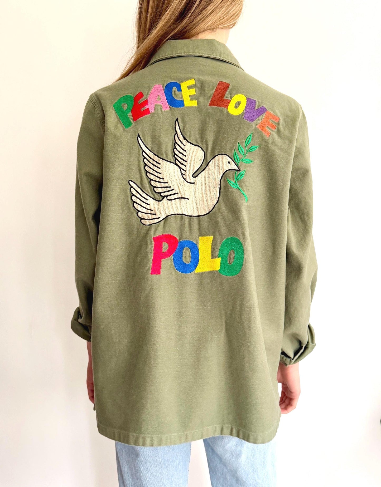 Peace Love Polo Embroidered Over Shirt Army Green