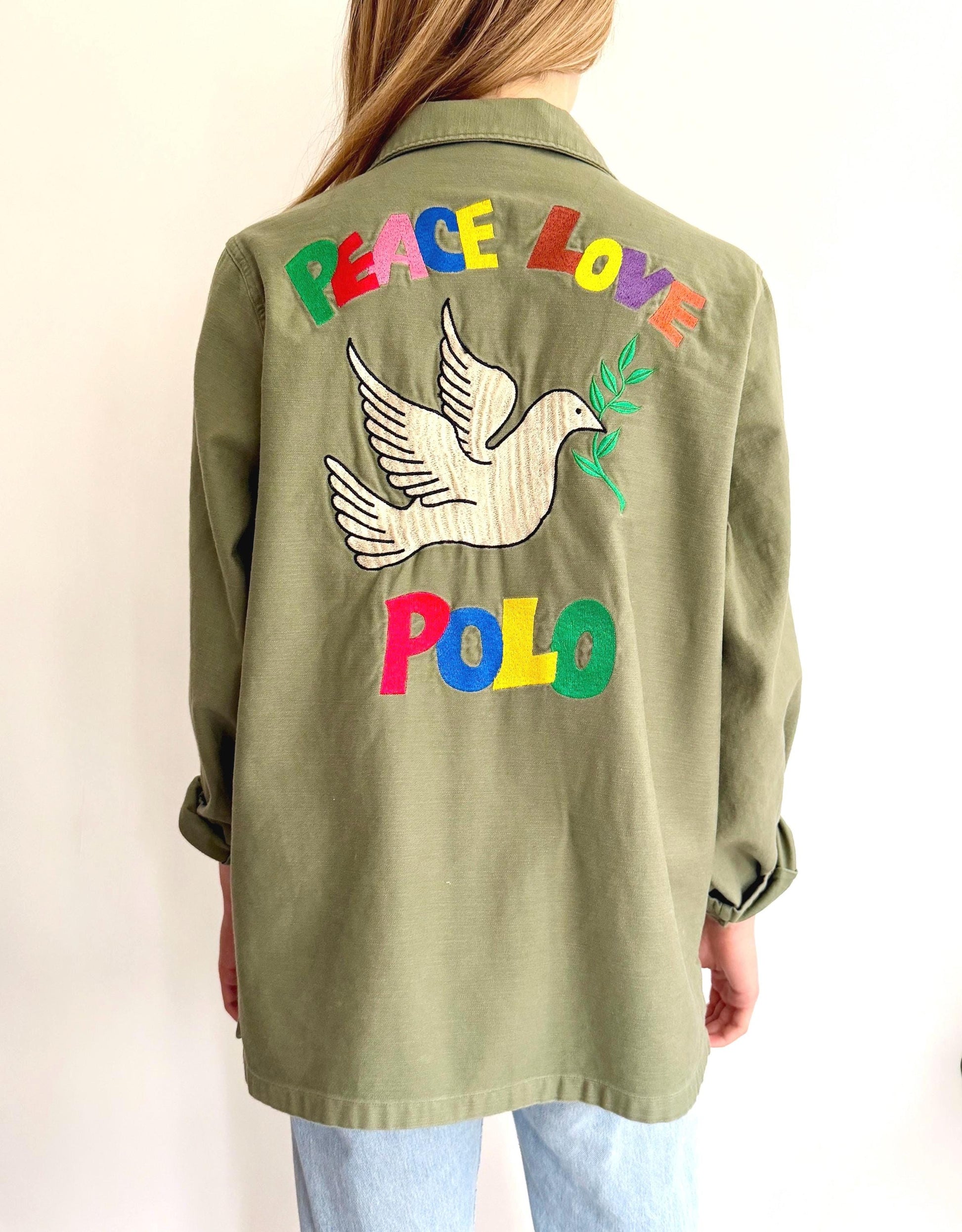 Peace Love Polo Embroidered Over Shirt Army Green