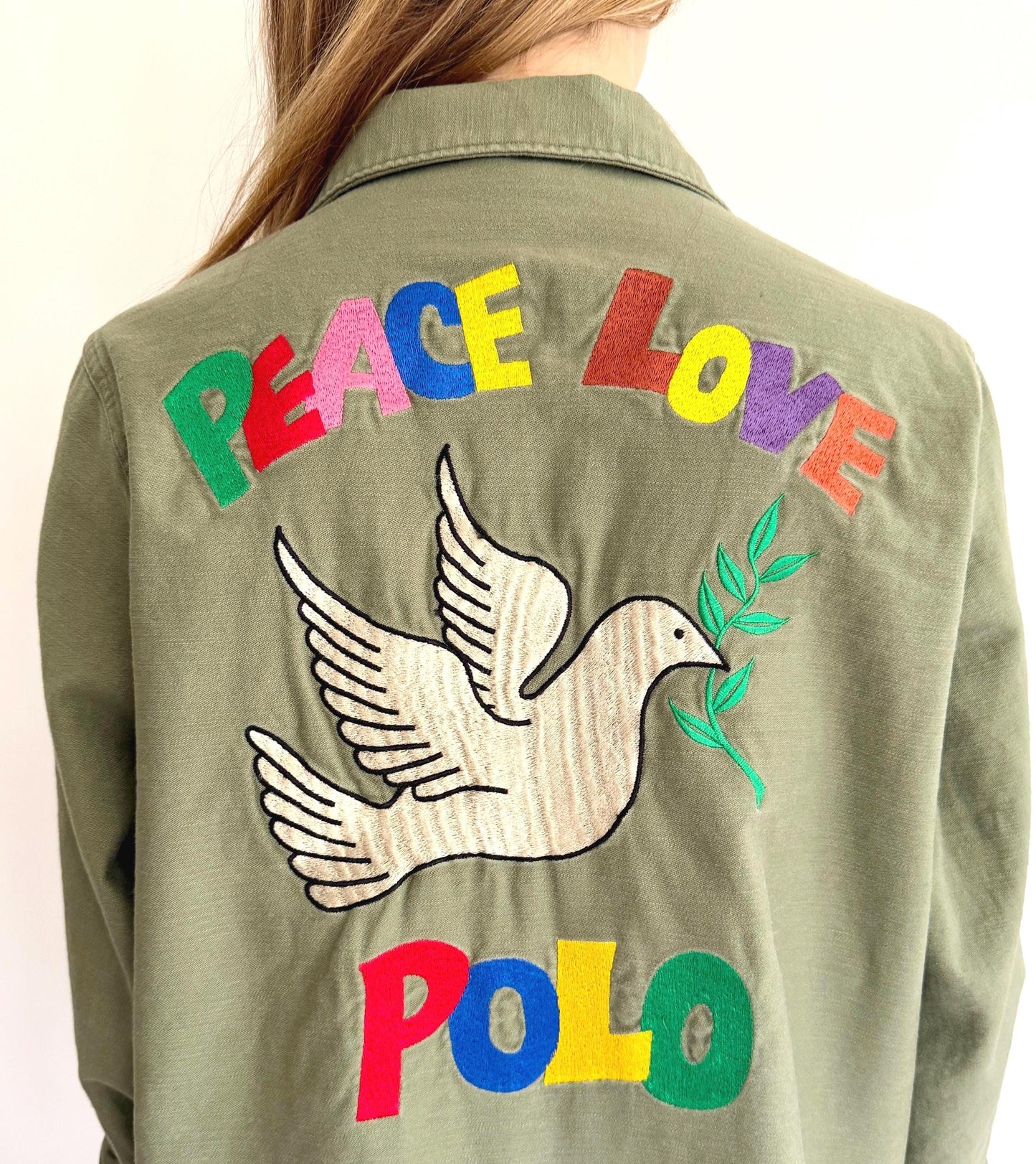 Peace Love Polo Embroidered Over Shirt Army Green