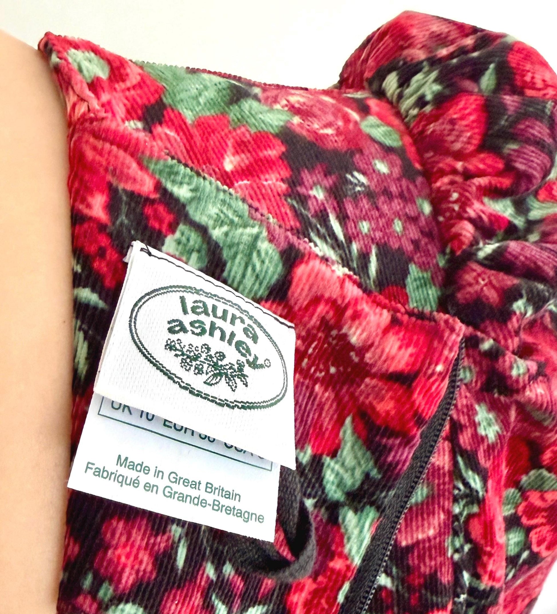 Vintage Laura Ashley Prairie Dress: Red Floral Corduroy, Puff Sleeves
