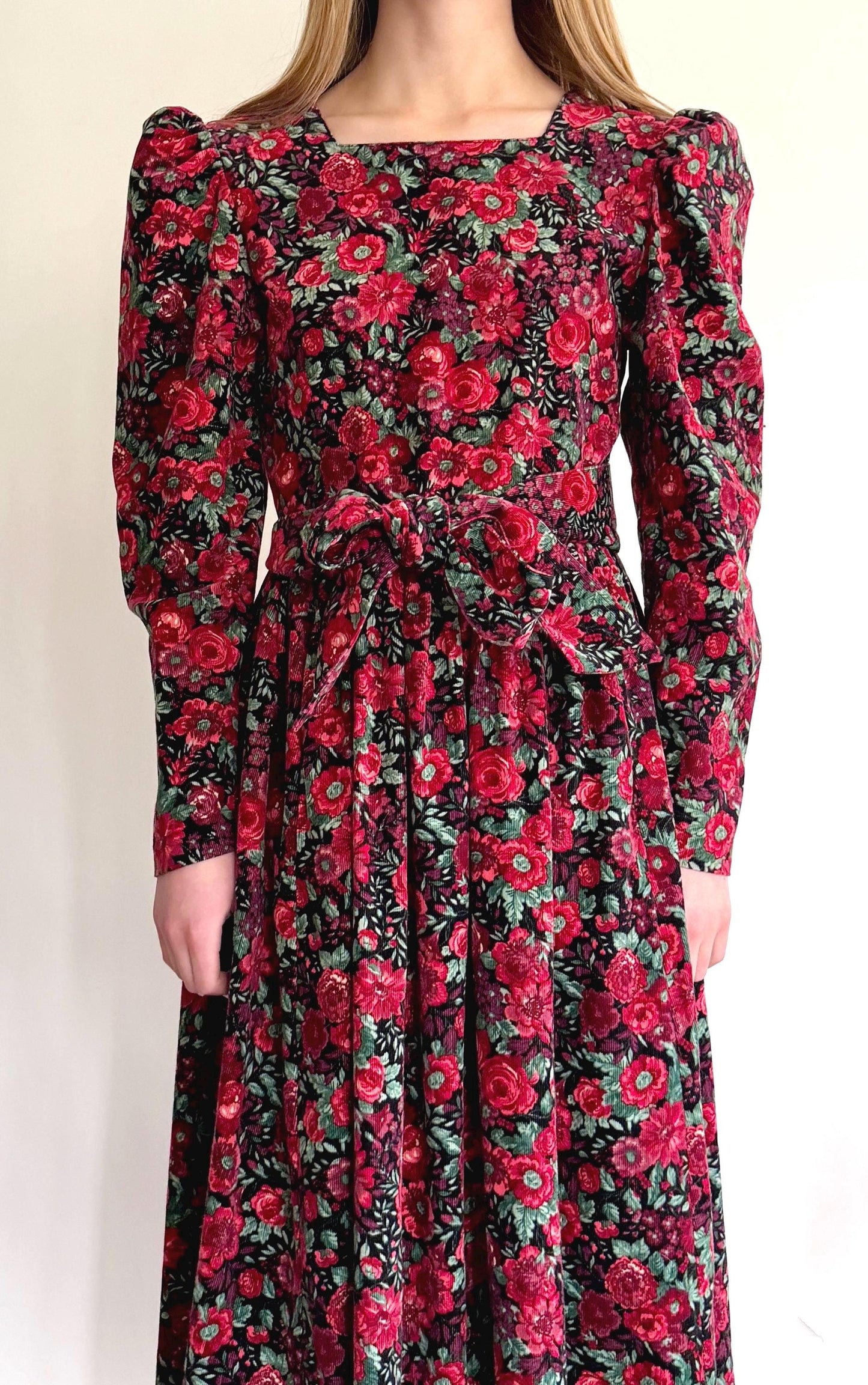 Vintage Laura Ashley Prairie Dress: Red Floral Corduroy, Puff Sleeves