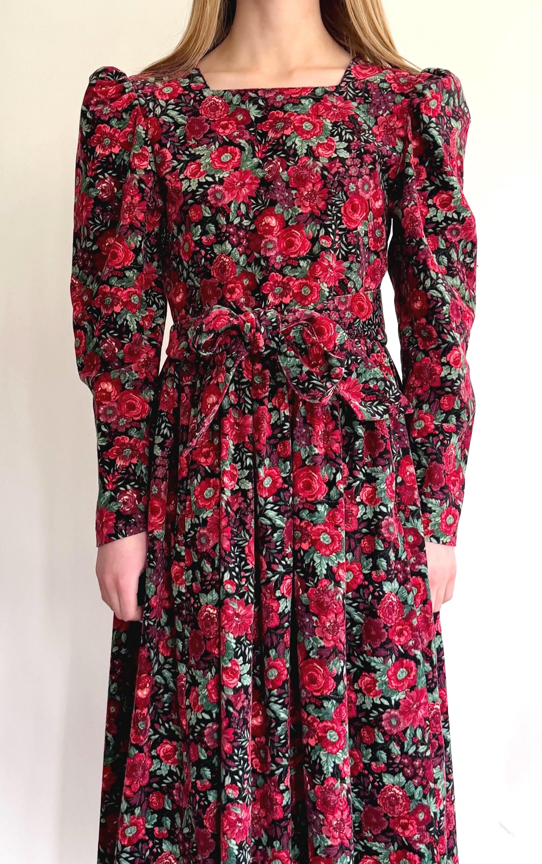 Vintage Laura Ashley Prairie Dress: Red Floral Corduroy, Puff Sleeves