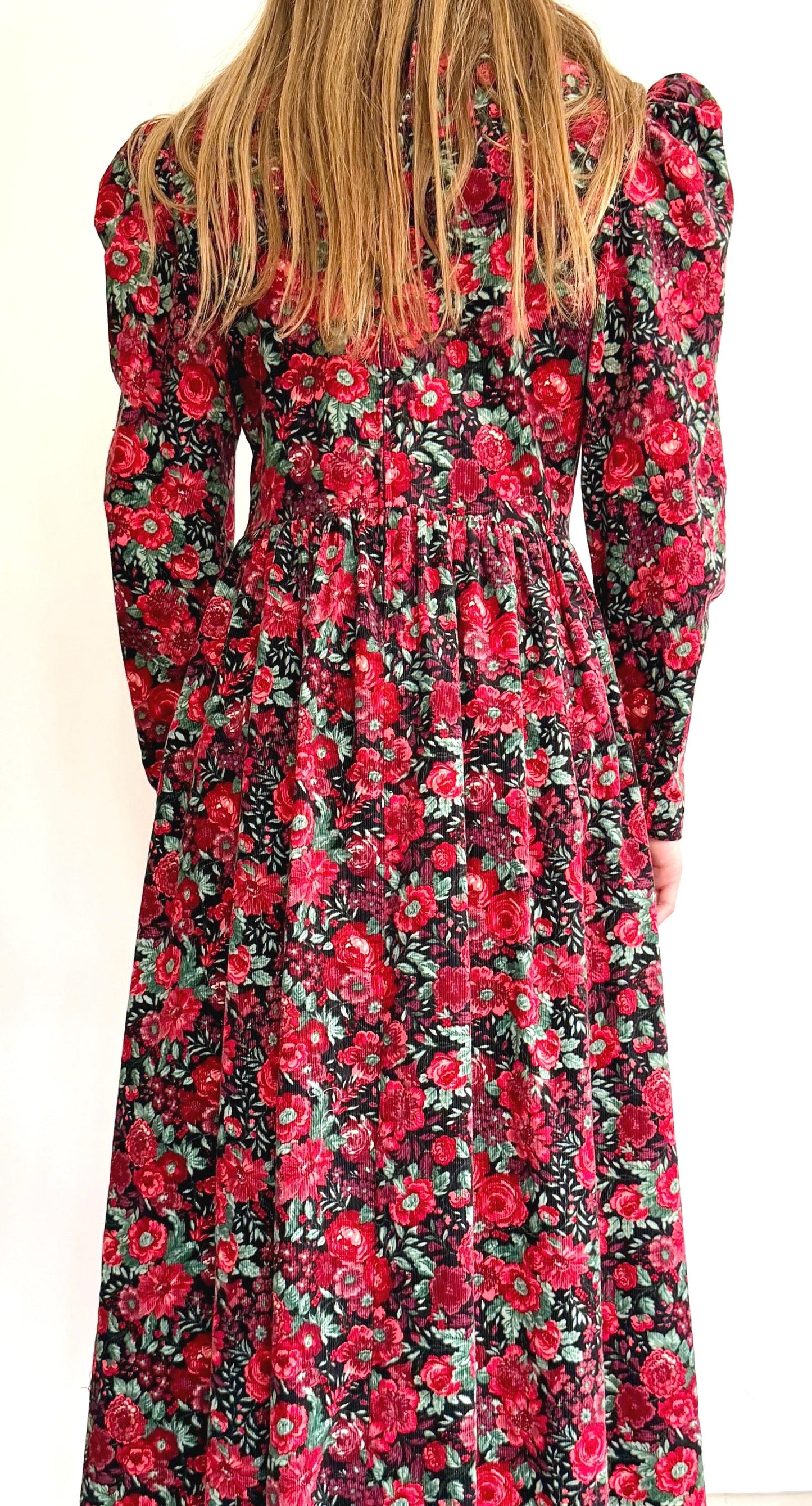 Vintage Laura Ashley Prairie Dress: Red Floral Corduroy, Puff Sleeves