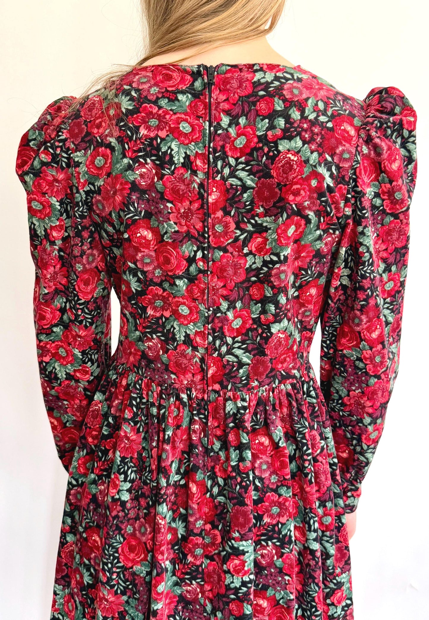 Vintage Laura Ashley Prairie Dress: Red Floral Corduroy, Puff Sleeves