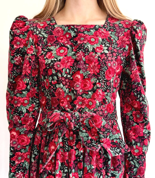 Vintage Laura Ashley Prairie Dress: Red Floral Corduroy, Puff Sleeves