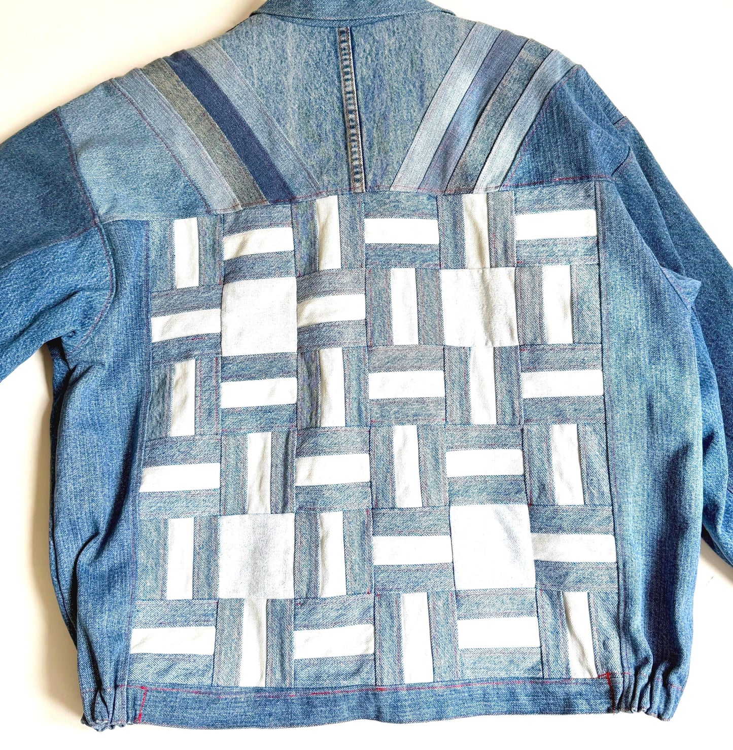 Vintage Handmade Upcycled Patchwork Denim Jacket Wearable Fiber Art