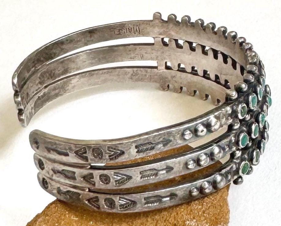 Snake Eye Turquoise Cuff Bracelet Maisel's Three Row Vintage Antique Zuni Fred Harvey Era Trading Post Multi Row