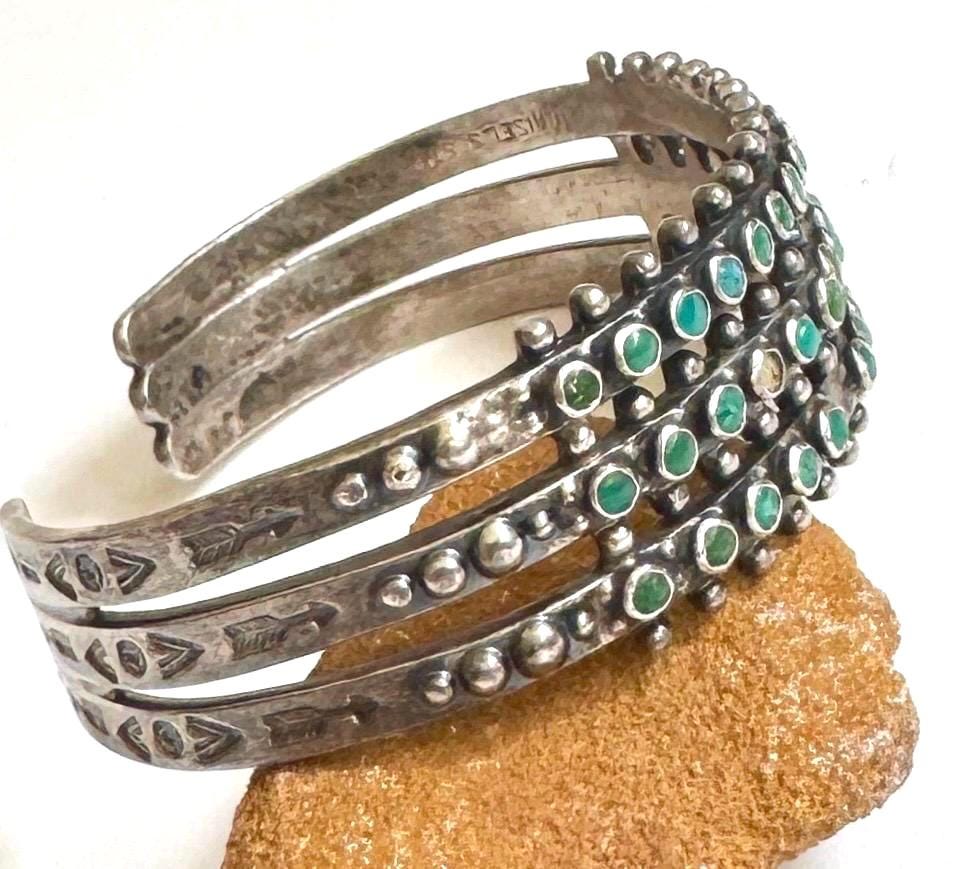 Snake Eye Turquoise Cuff Bracelet Maisel's Three Row Vintage Antique Zuni Fred Harvey Era Trading Post Multi Row