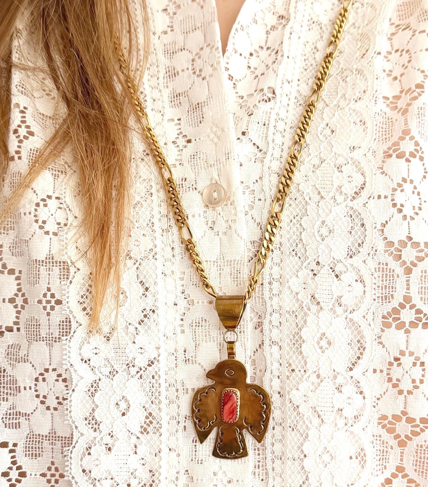 Vintage Navajo Thunderbird Necklace Signed Brass Pendant