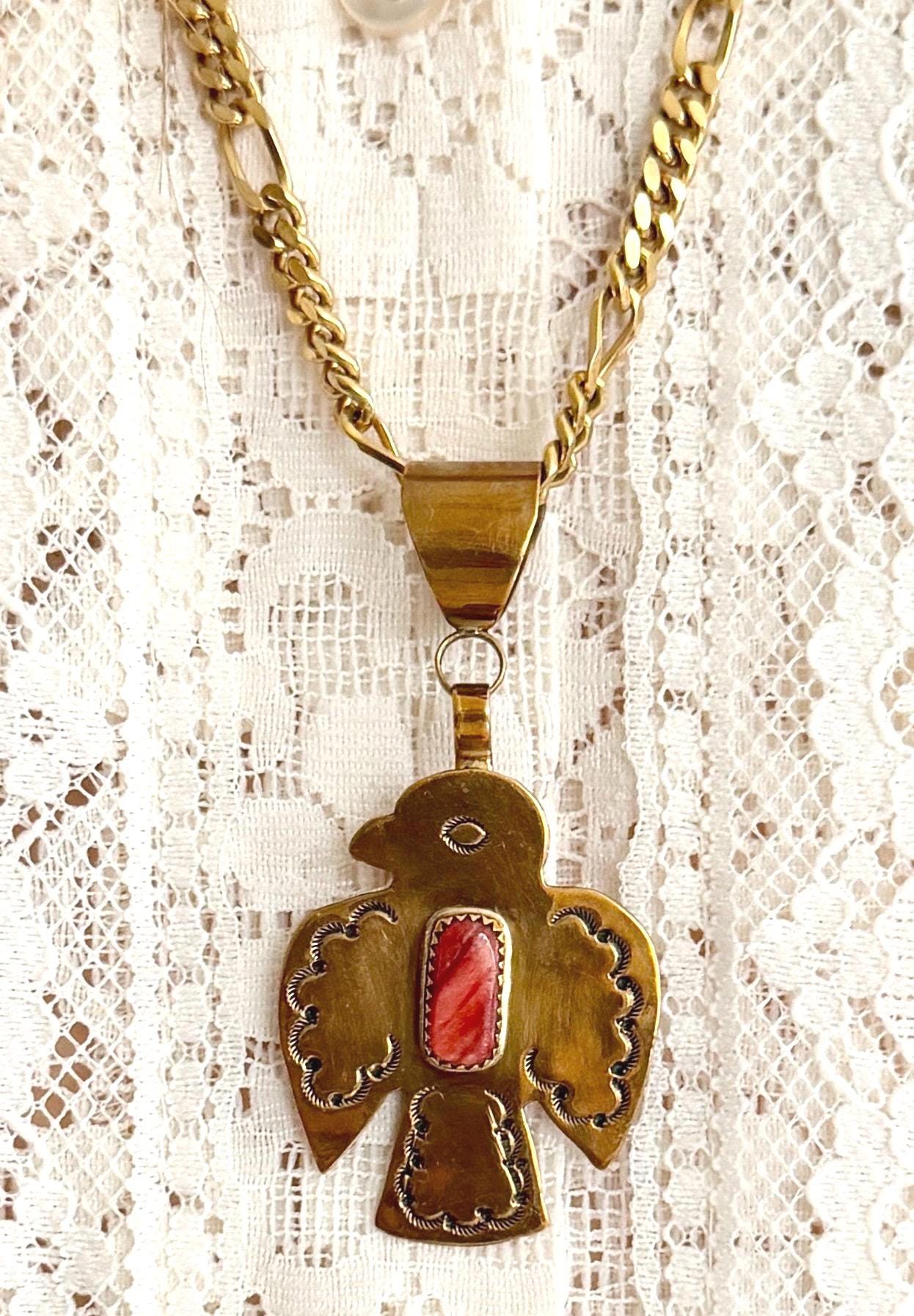 Vintage Navajo Thunderbird Necklace Signed Brass Pendant