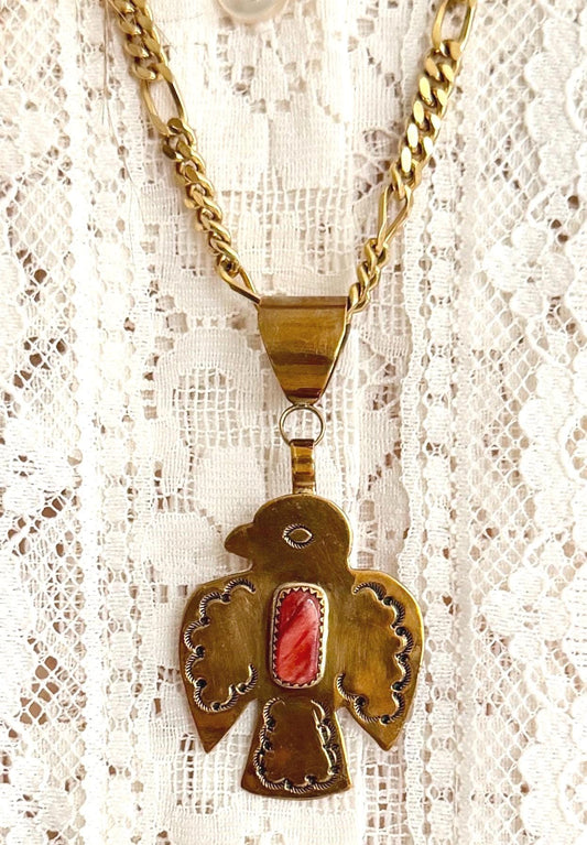 Vintage Navajo Thunderbird Necklace Signed Brass Pendant