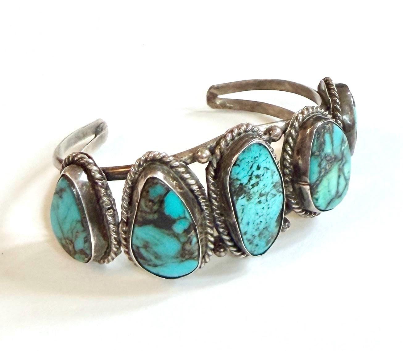 Vintage Navajo Five Stone Turquoise Cuff Bracelet 60s 70s Native American Sterling Silver