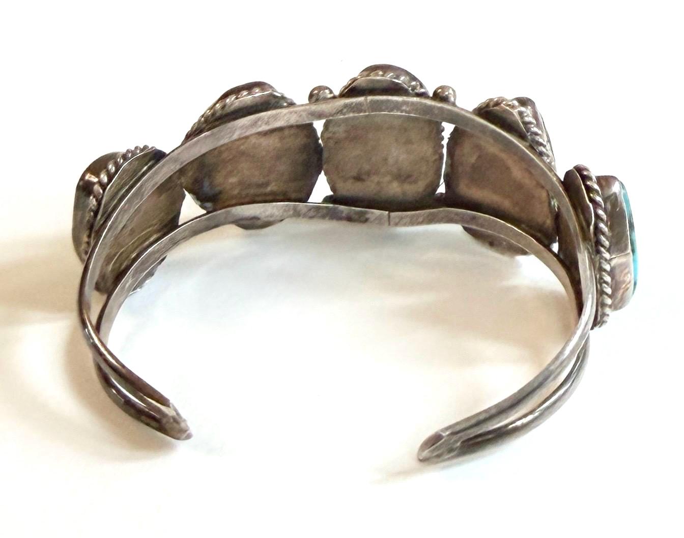 Vintage Navajo Five Stone Turquoise Cuff Bracelet 60s 70s Native American Sterling Silver