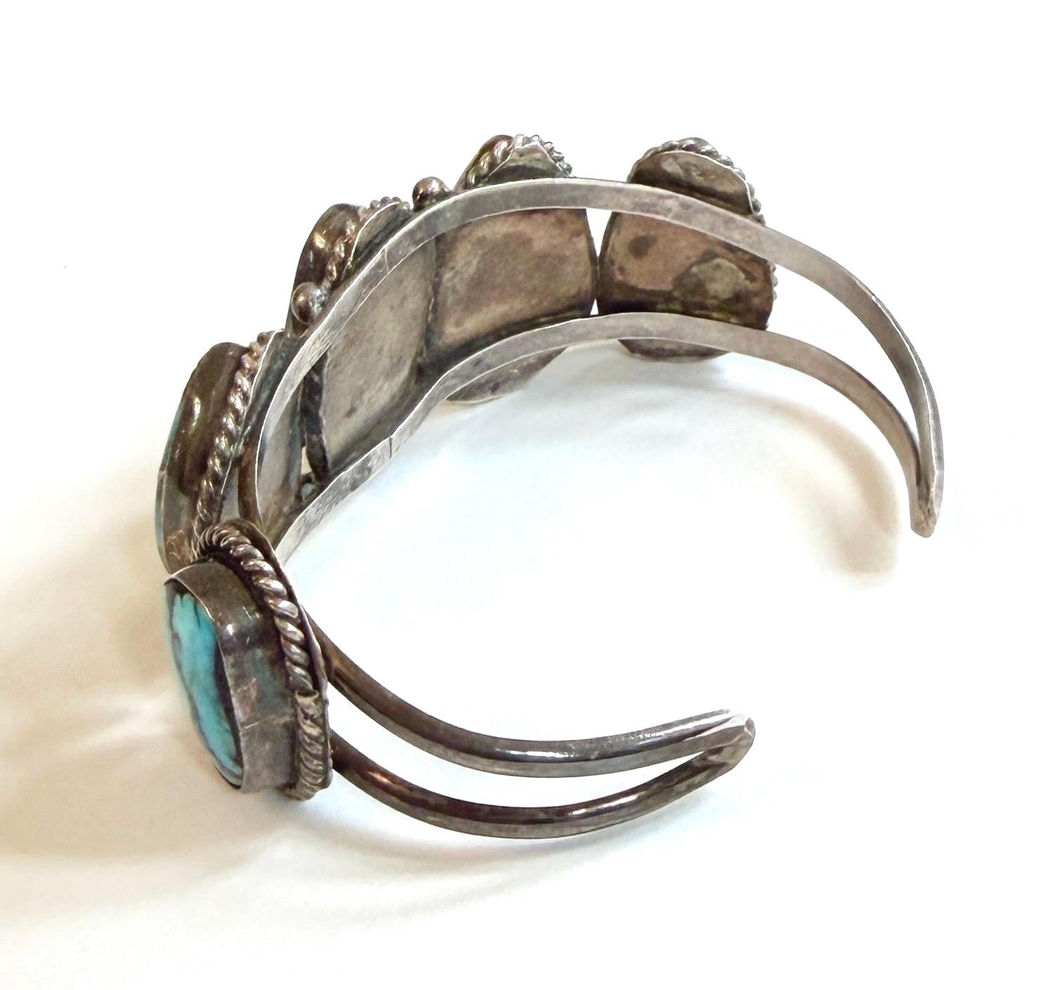 Vintage Navajo Five Stone Turquoise Cuff Bracelet 60s 70s Native American Sterling Silver