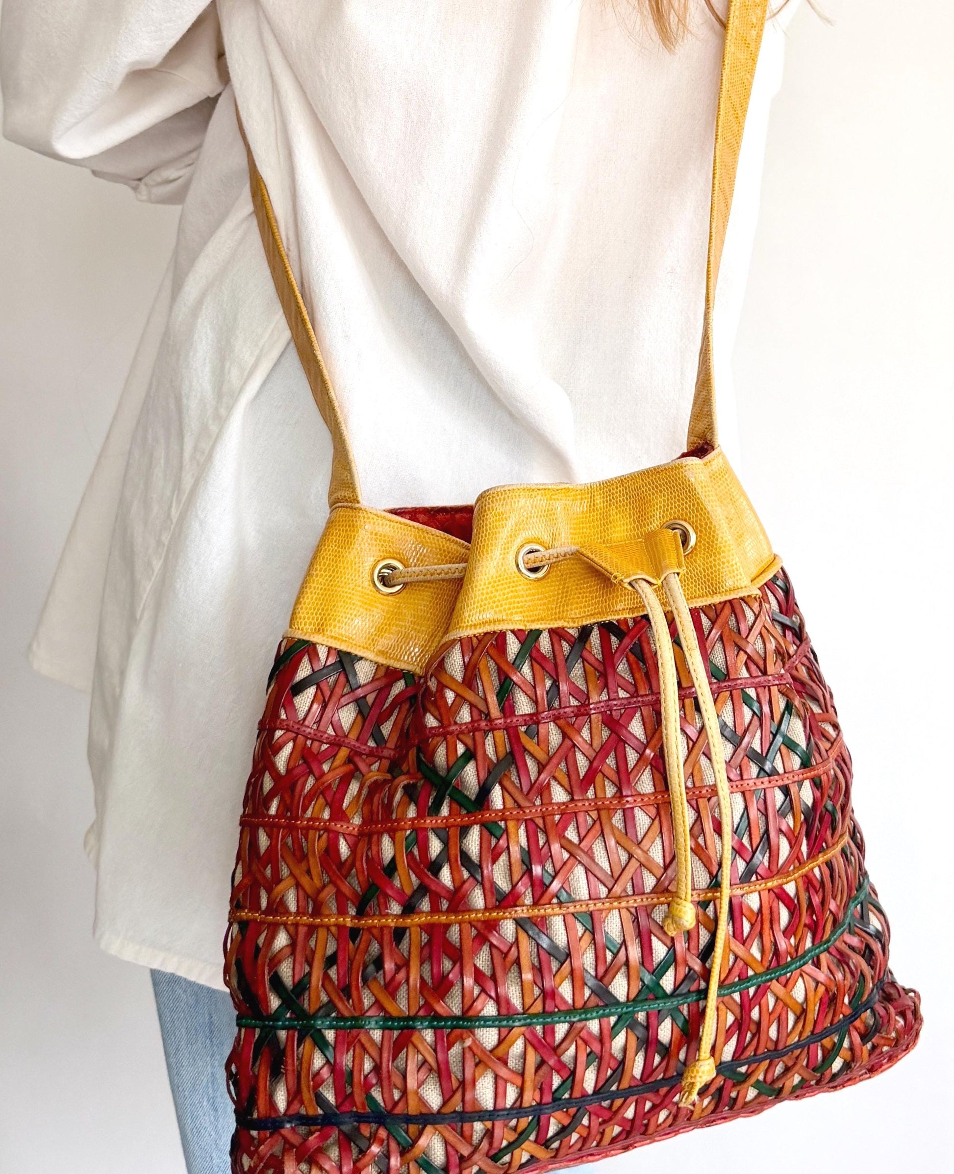 Vintage Sharif Lizard Drawstring Bucket Bag Multicolor Basketweave Leather