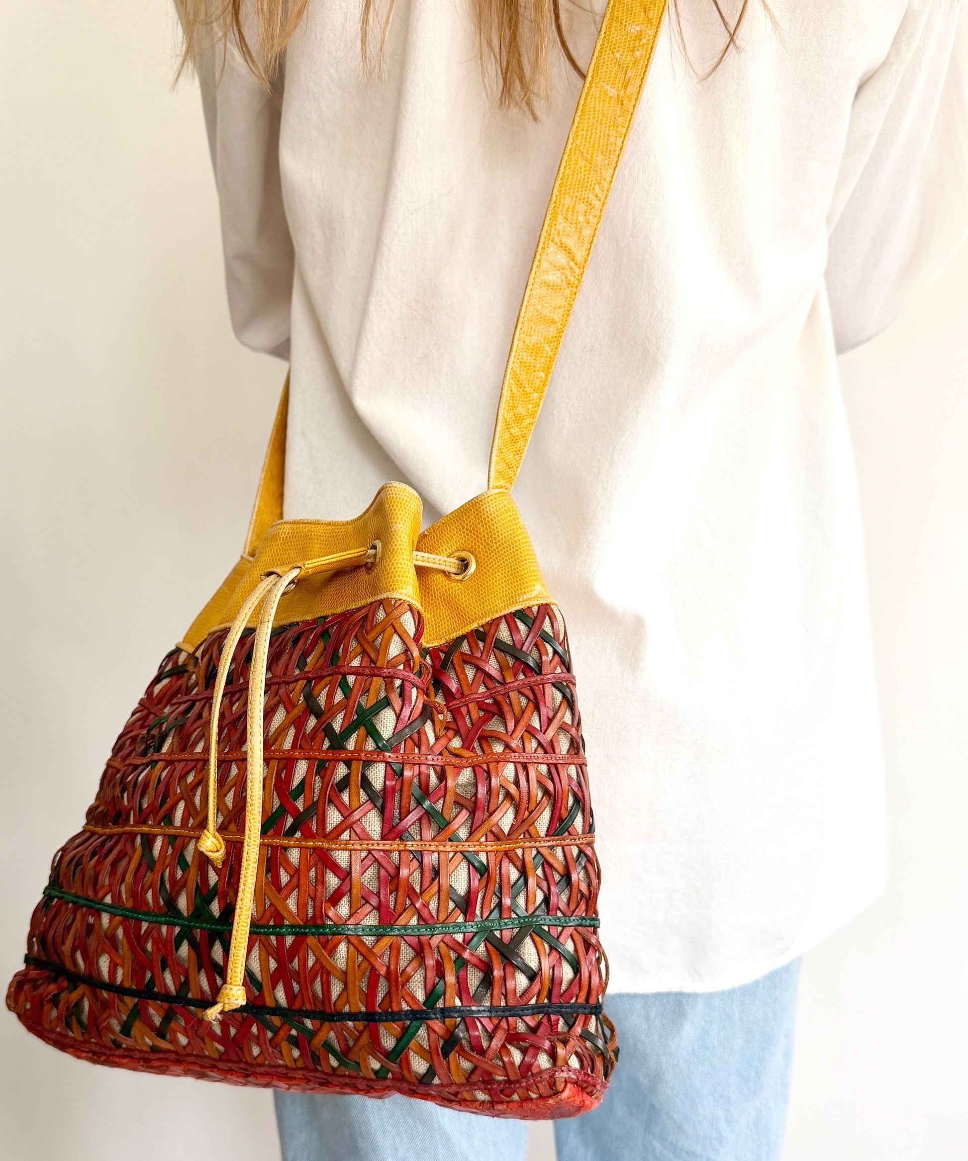 Vintage Sharif Lizard Drawstring Bucket Bag Multicolor Basketweave Leather
