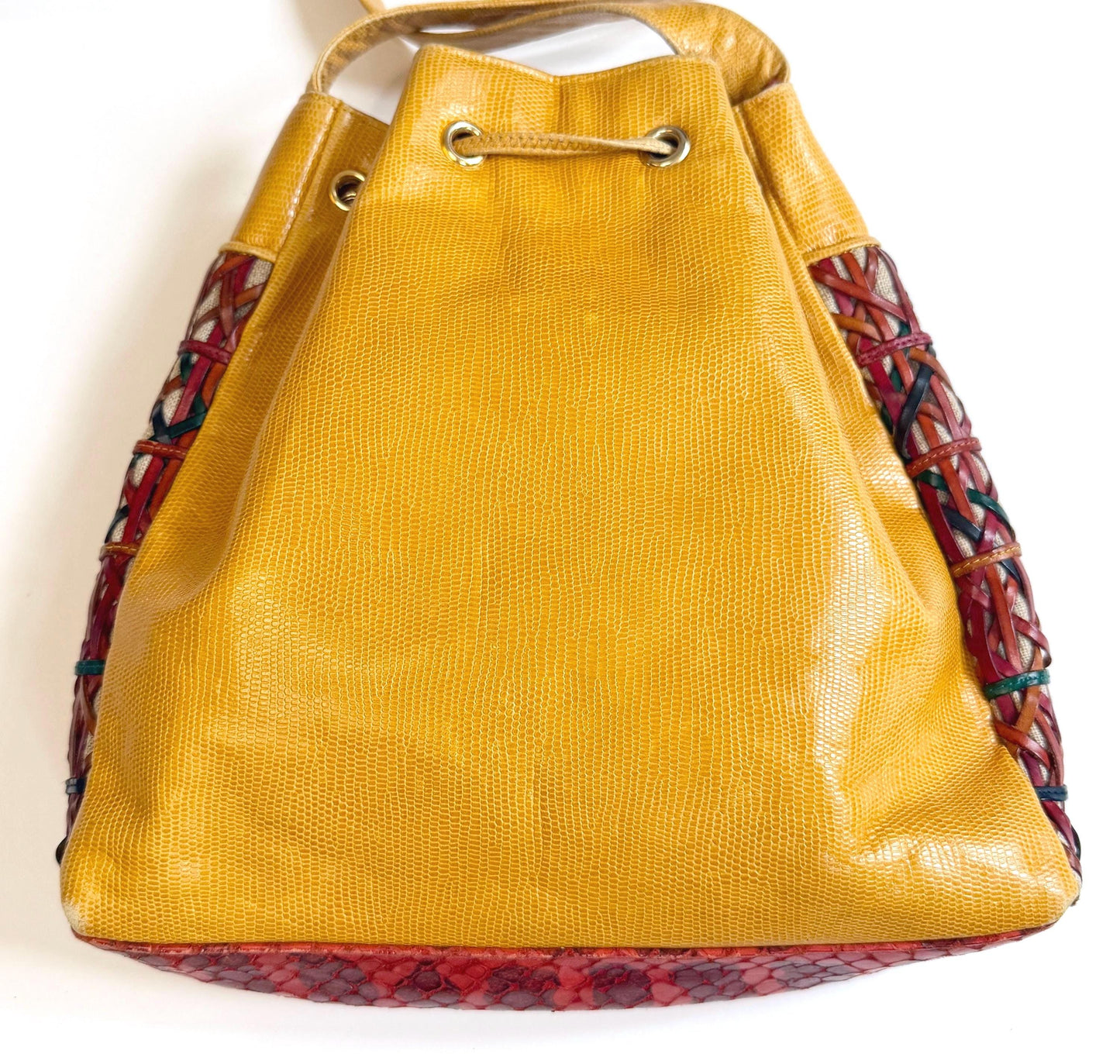 Vintage Sharif Lizard Drawstring Bucket Bag Multicolor Basketweave Leather