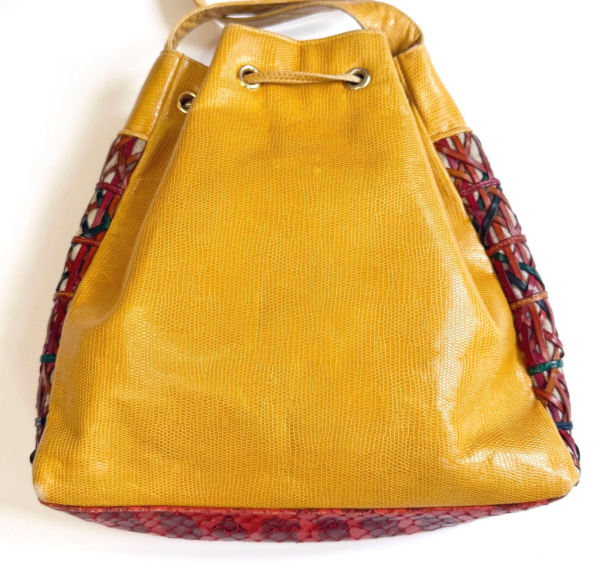 Vintage Sharif Lizard Drawstring Bucket Bag Multicolor Basketweave Leather