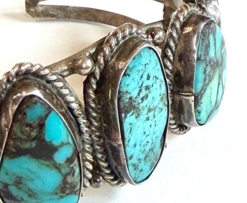 Vintage Navajo Five Stone Turquoise Cuff Bracelet 60s 70s Native American Sterling Silver