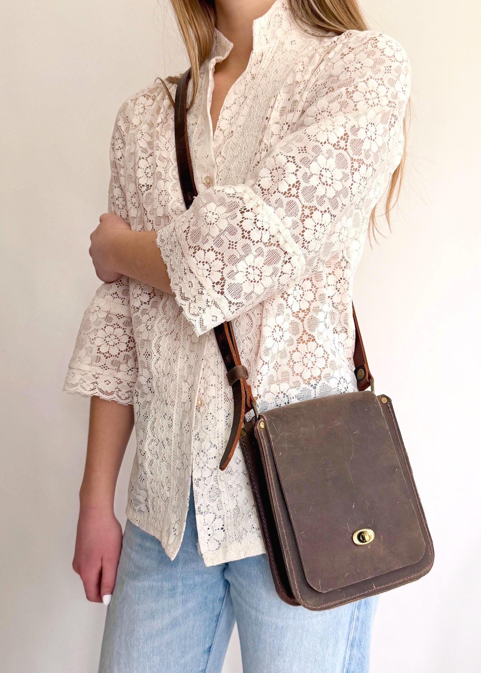 Handmade Brown Leather Crossbody Bag Everyday Unisex Shoulder Bag