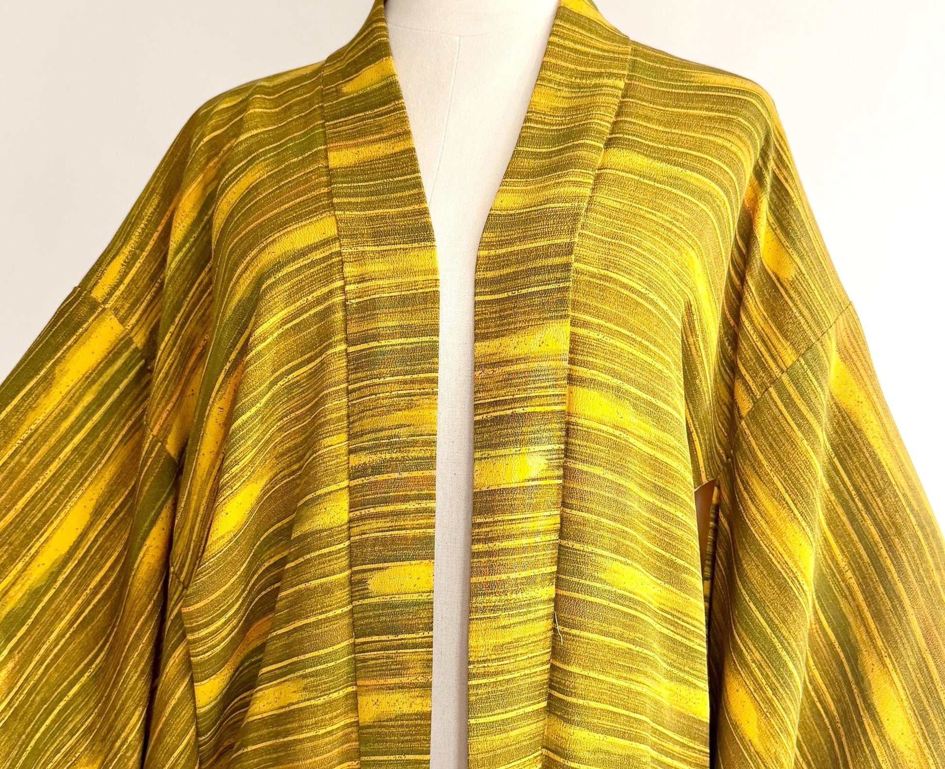 Vintage Japanese Silk Kimono Jacket Mustard Yellow Olive Green