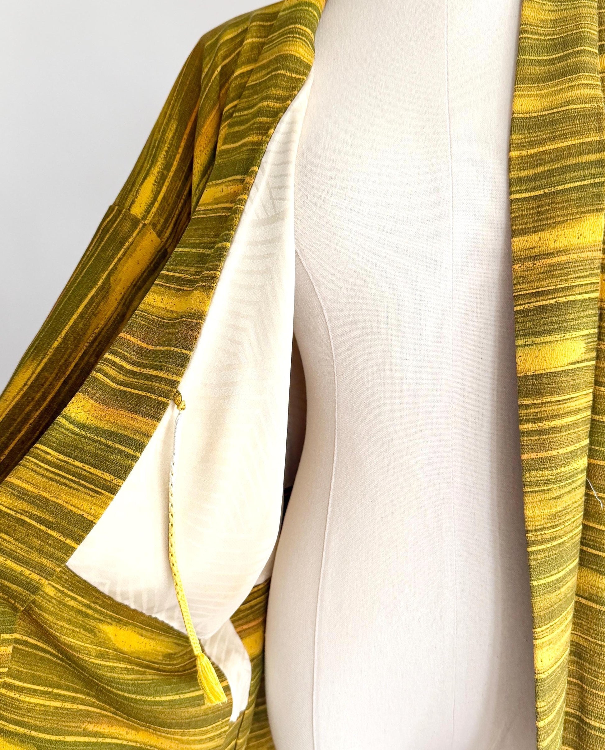 Vintage Japanese Silk Kimono Jacket Mustard Yellow Olive Green