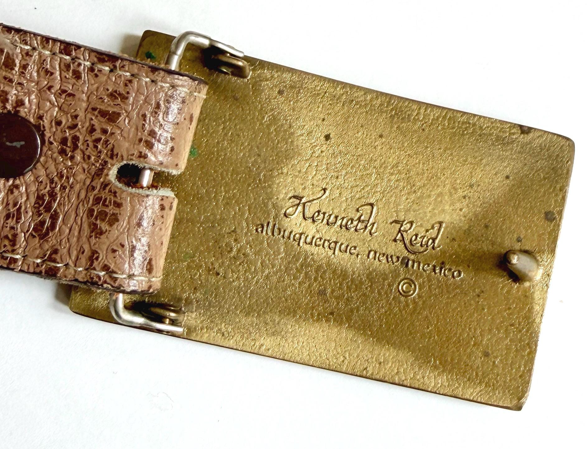 Vintage Kenneth Reid Brass Wood Inlay Buckle Western Leather Belt Strap