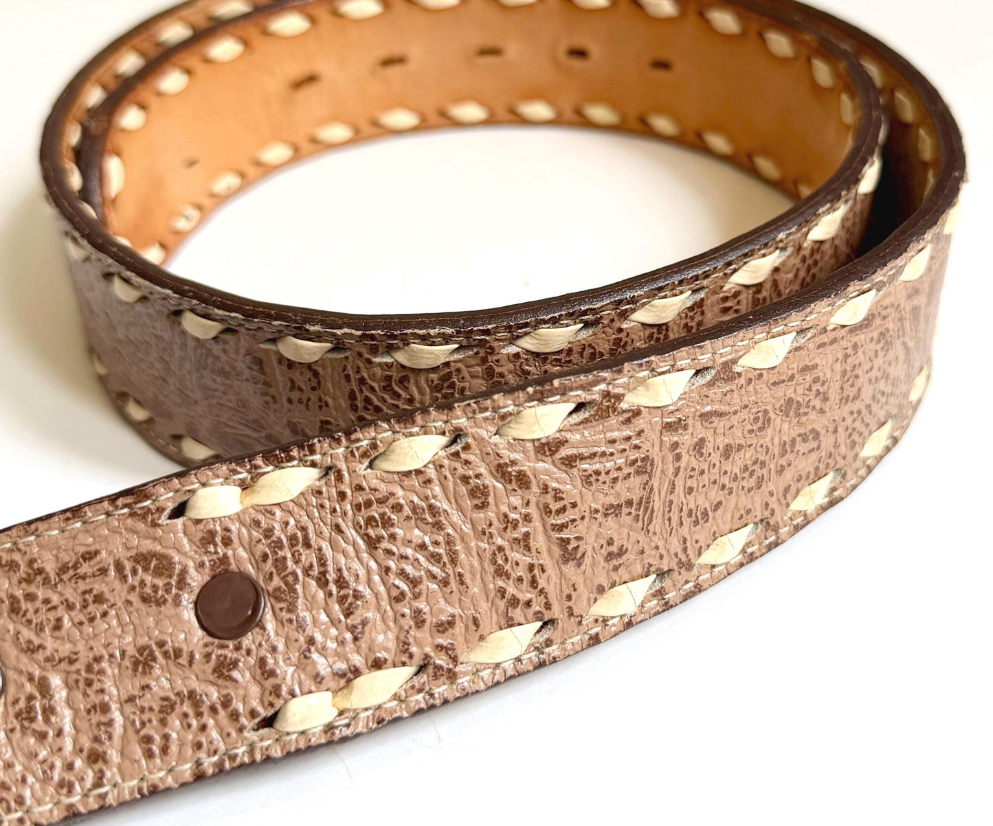 Vintage Kenneth Reid Brass Wood Inlay Buckle Western Leather Belt Strap