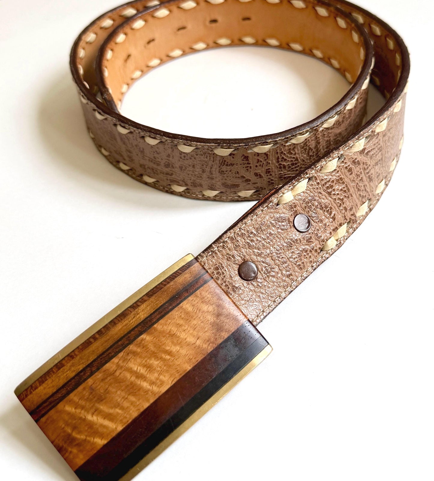 Vintage Kenneth Reid Brass Wood Inlay Buckle Western Leather Belt Strap