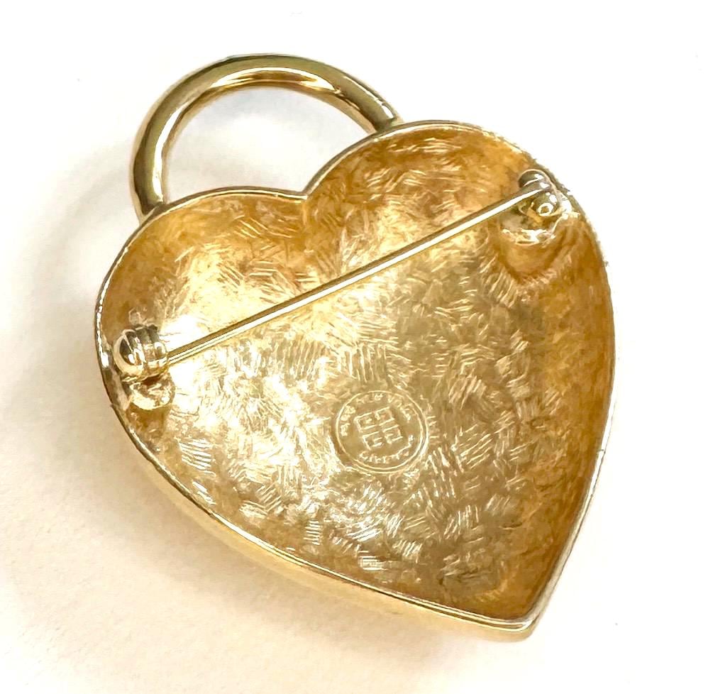 Vintage Givenchy Gold Heart Padlock Brooch Pin Signed French Designer Costume Jewelry