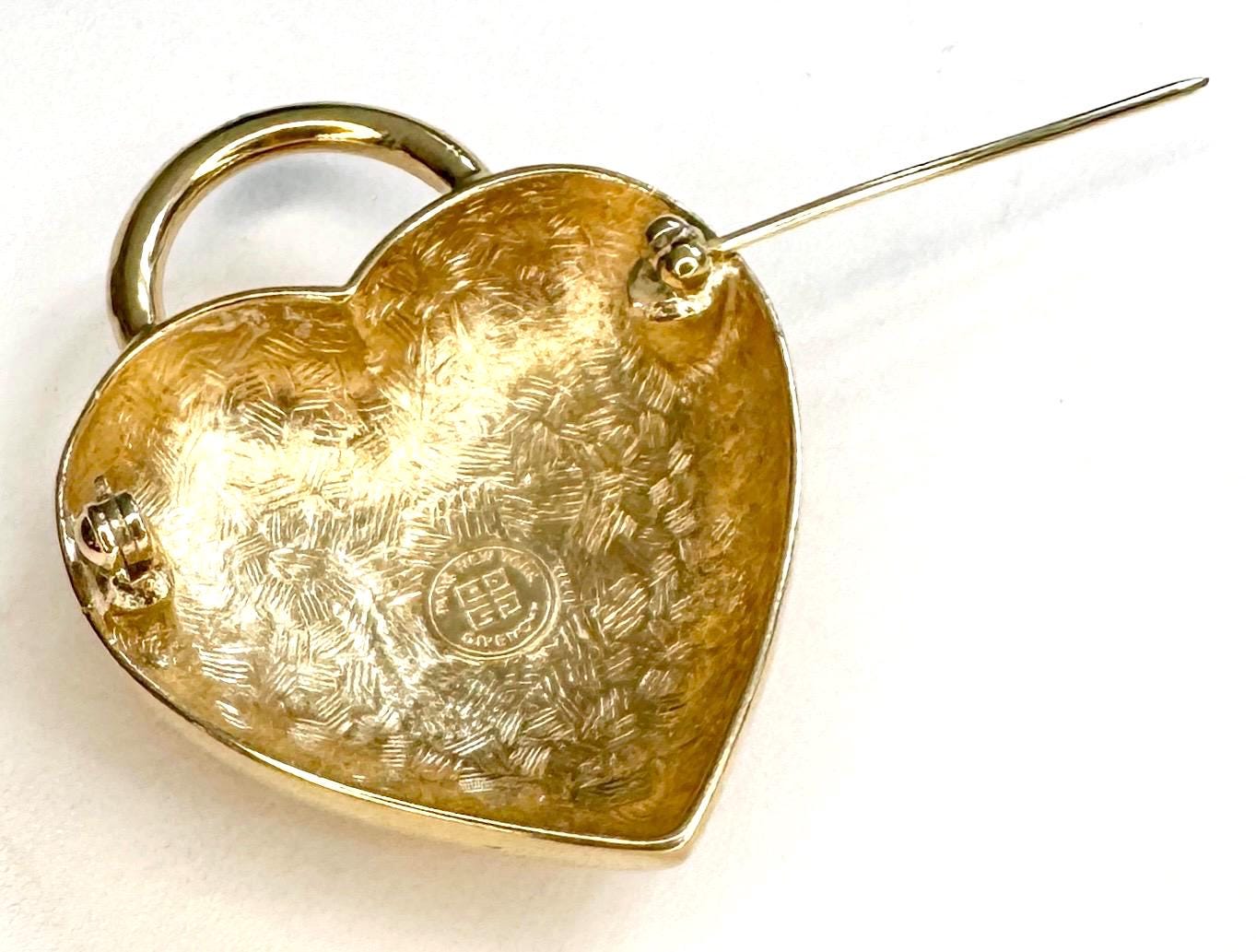 Vintage Givenchy Gold Heart Padlock Brooch Pin Signed French Designer Costume Jewelry