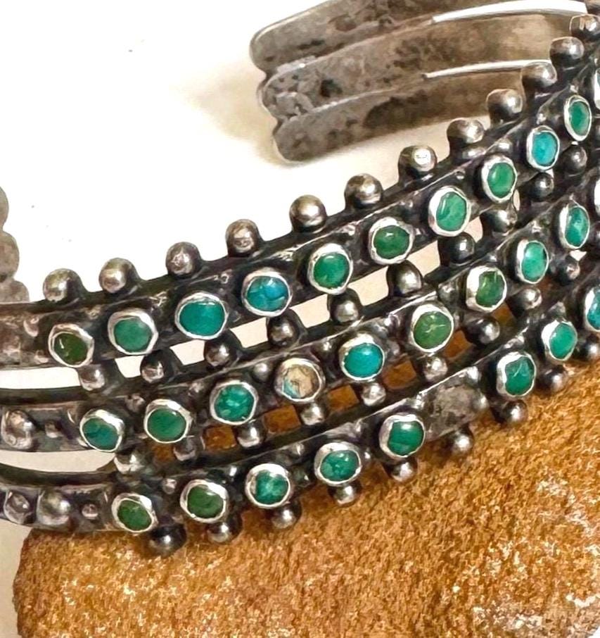 Snake Eye Turquoise Cuff Bracelet Maisel's Three Row Vintage Antique Zuni Fred Harvey Era Trading Post Multi Row