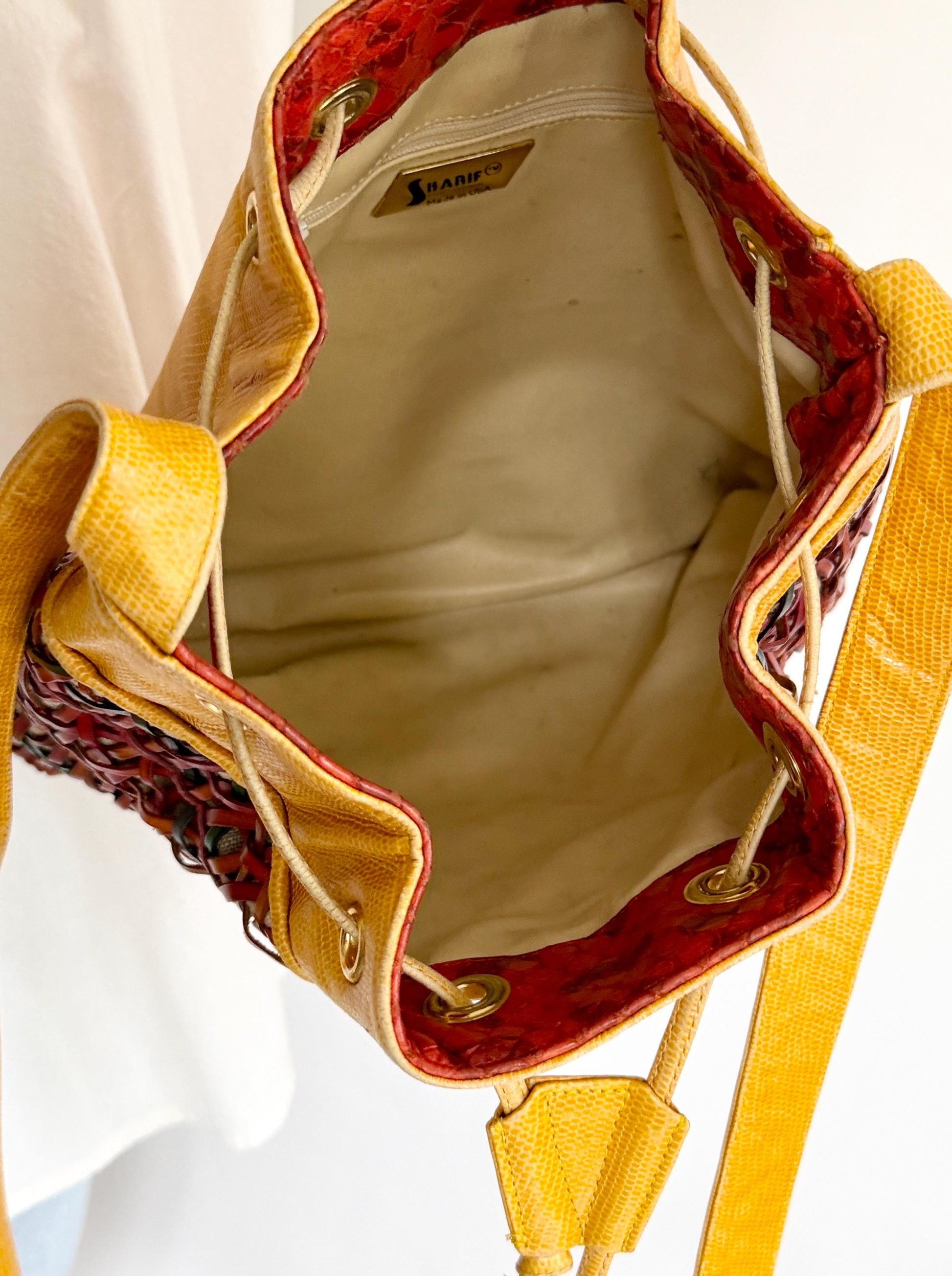 Vintage Sharif Lizard Drawstring Bucket Bag Multicolor Basketweave Leather