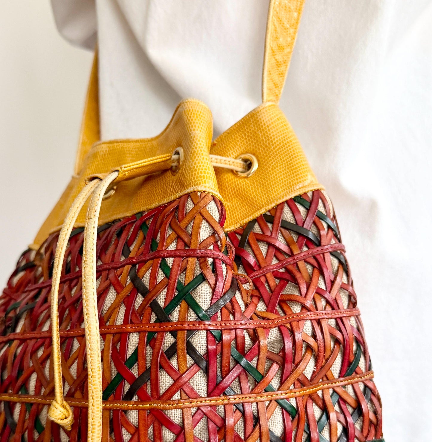 Vintage Sharif Lizard Drawstring Bucket Bag Multicolor Basketweave Leather