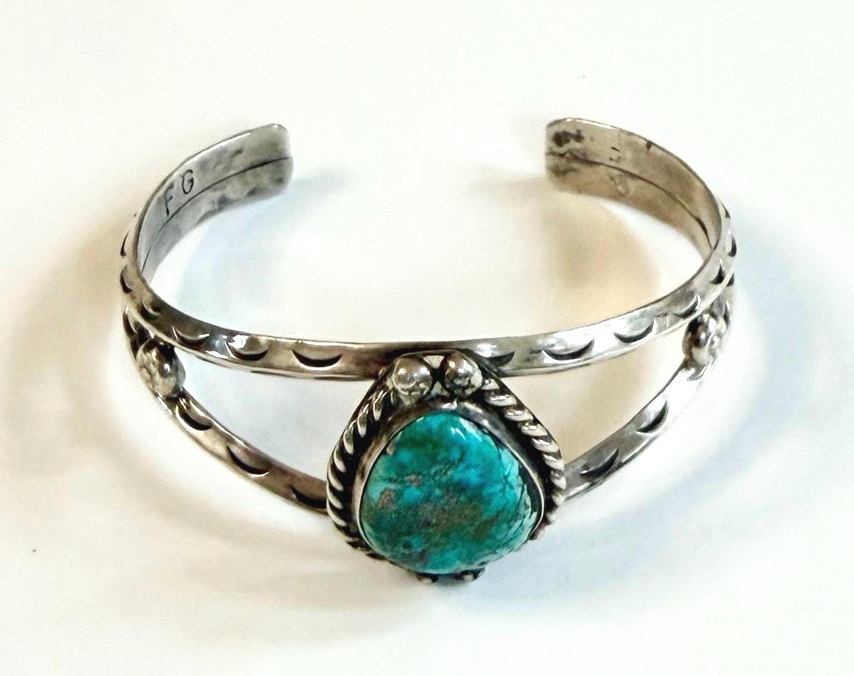 Vintage Navajo Turquoise Cuff Bracelet 60s 70s Signed Native American Sterling Silver